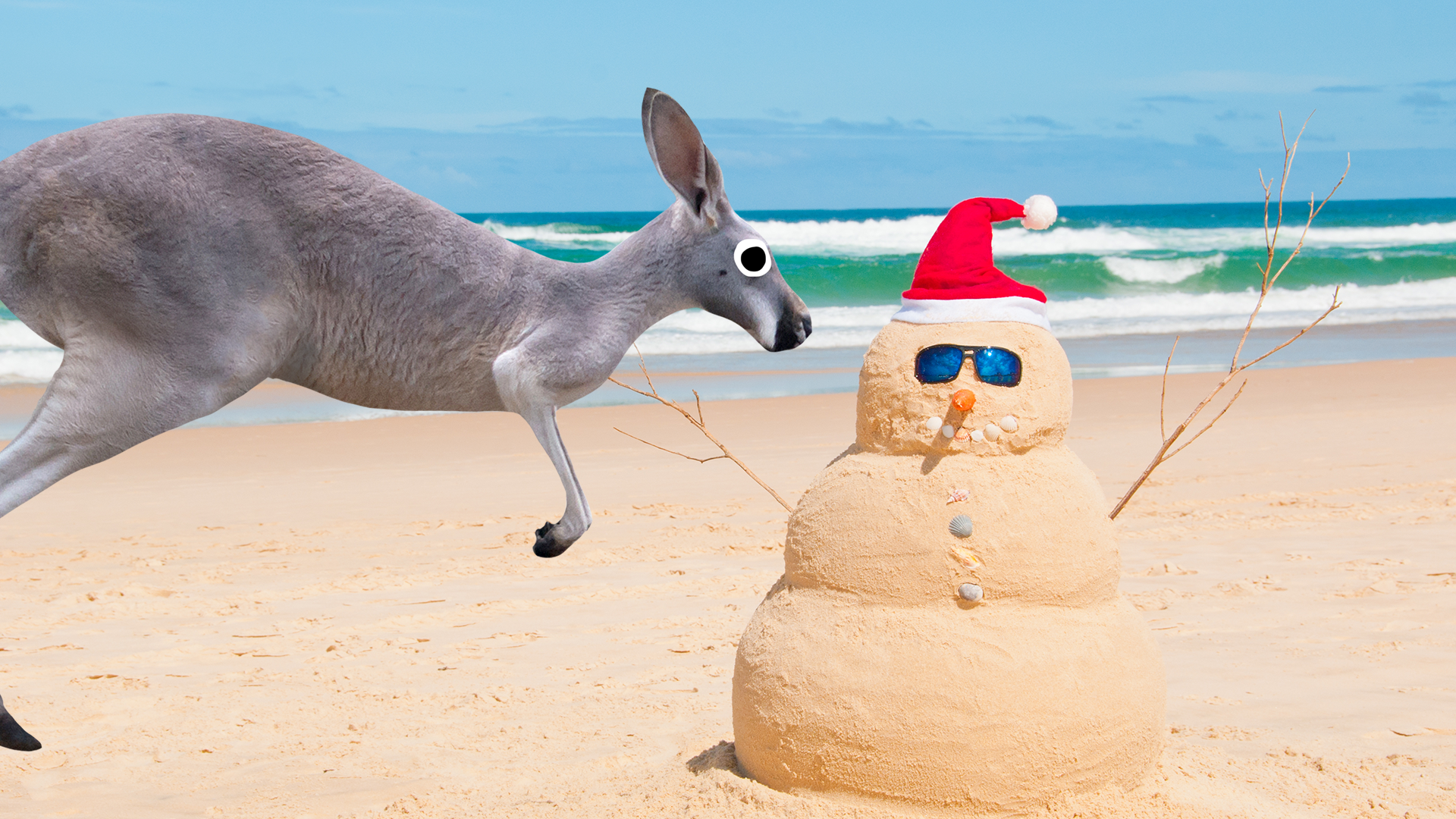 Kangaroo and sandman Santa on beach
