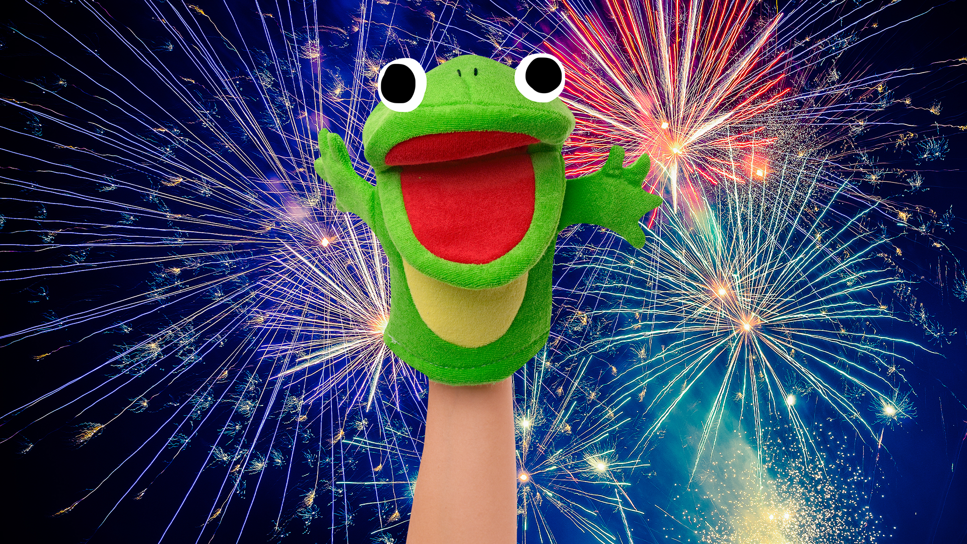 Puppet Kermit and fireworks