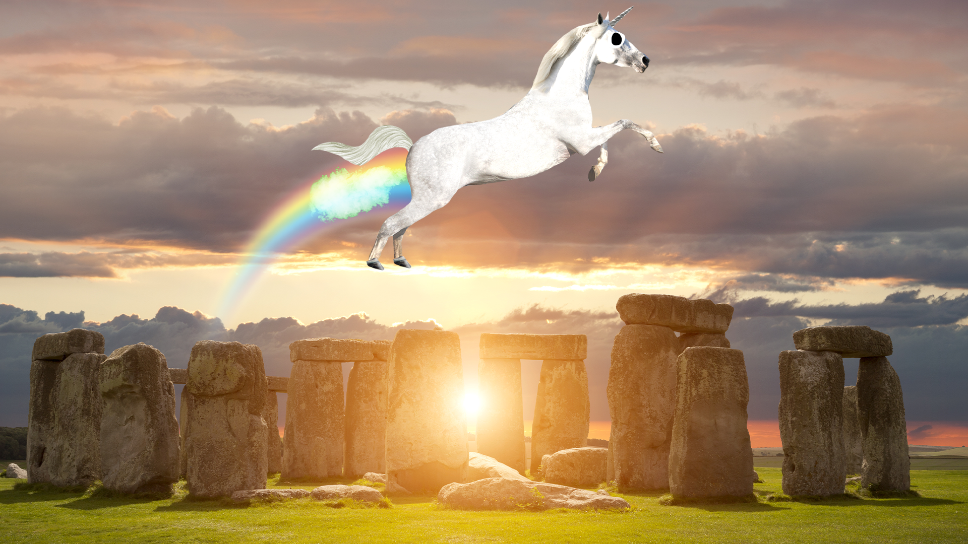 Farting unicorn flying over stonehenge
