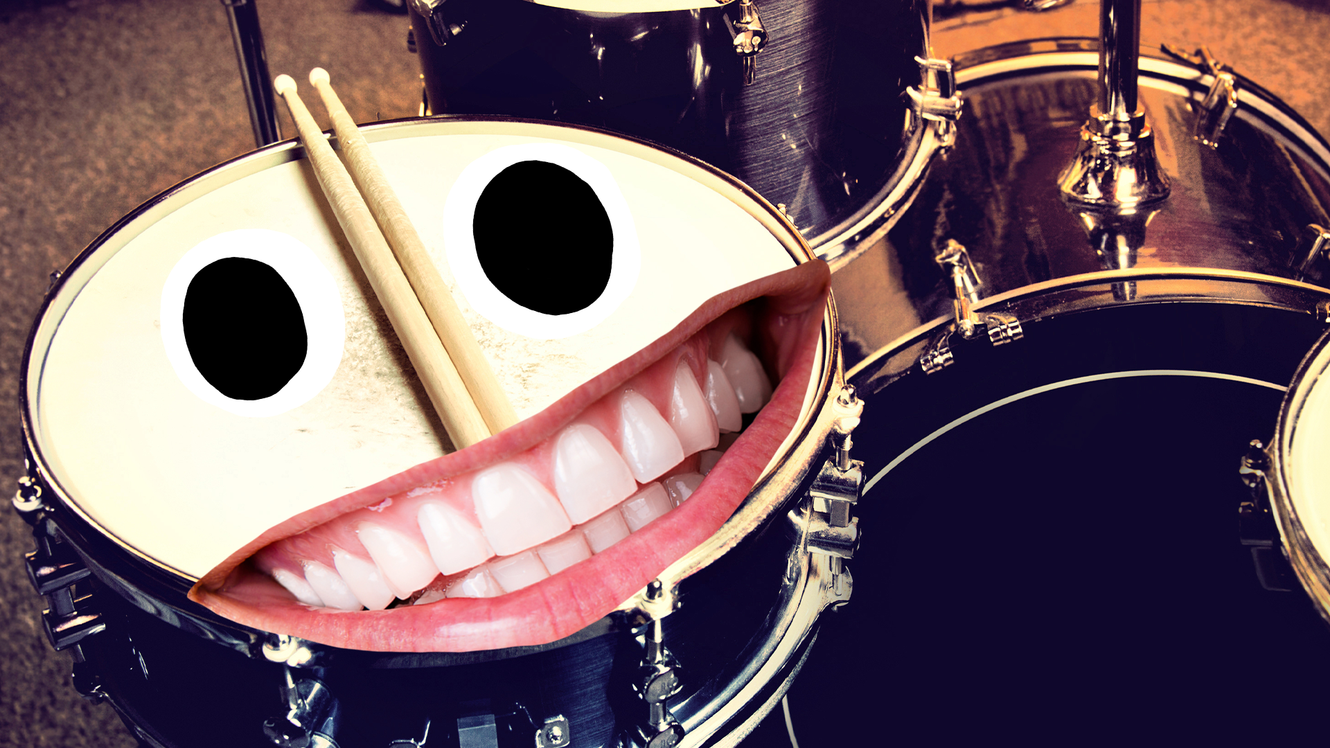 Drum set with a goofy face