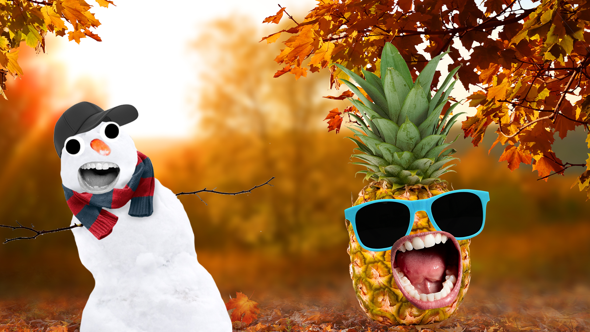 Snowman and summer pineapple in autumn woods