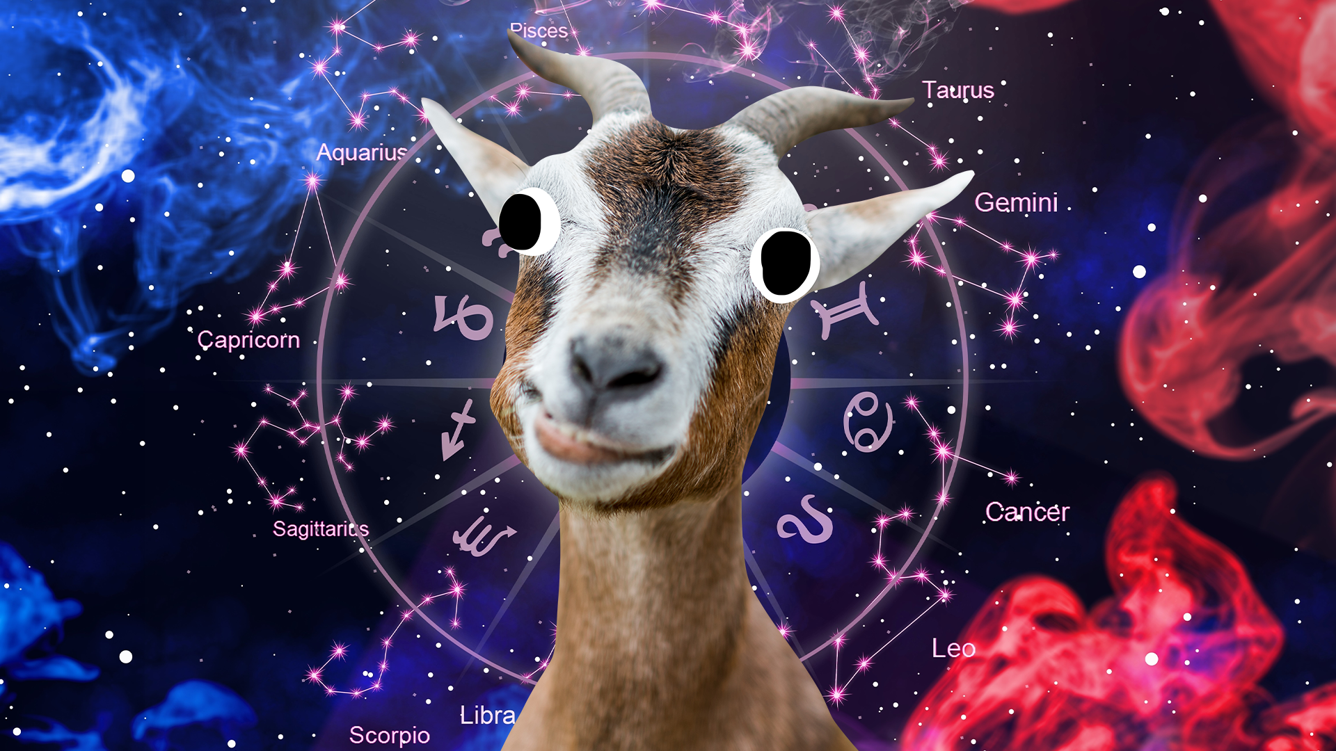 Derpy goat on astrological background