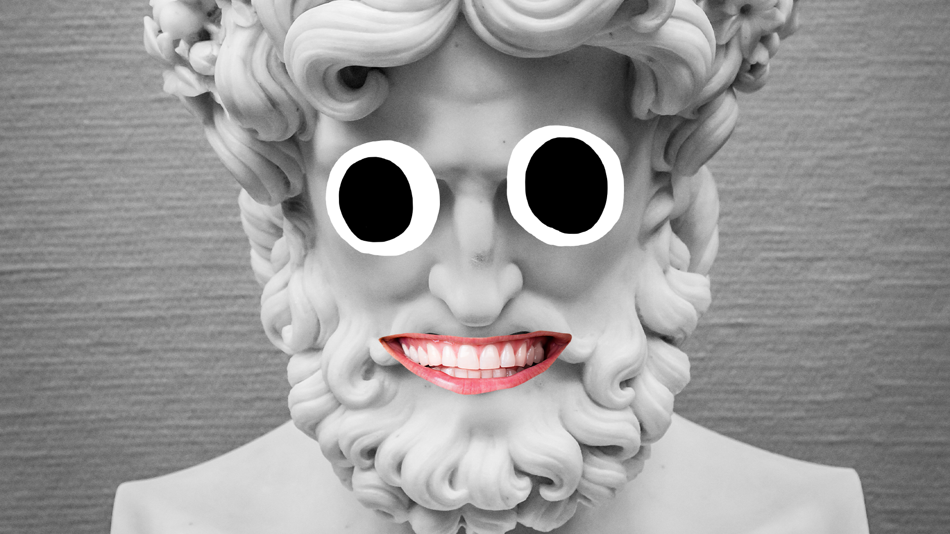 Roman statue smiling mischievously 