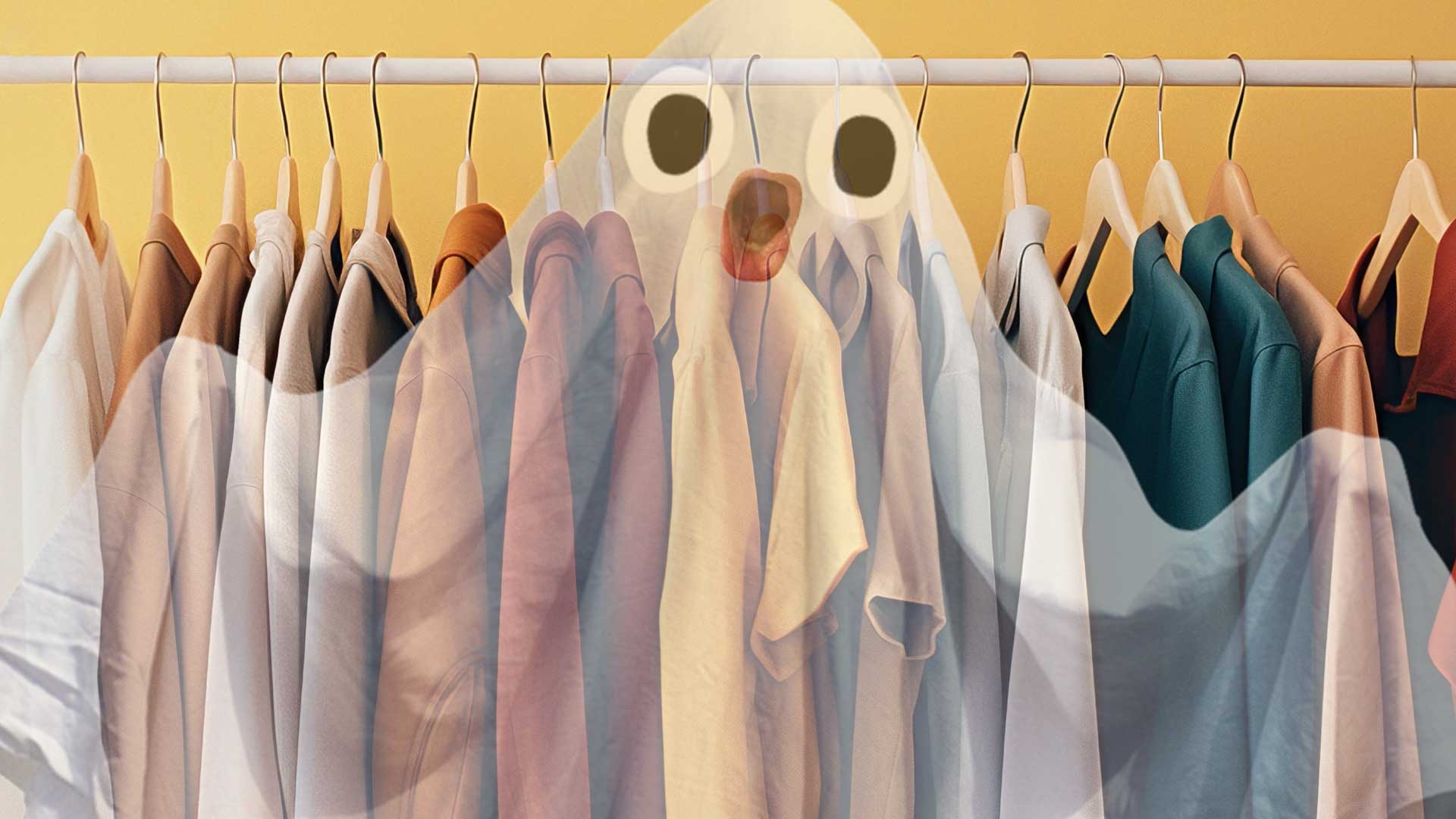 A ghost next to a clothes rail