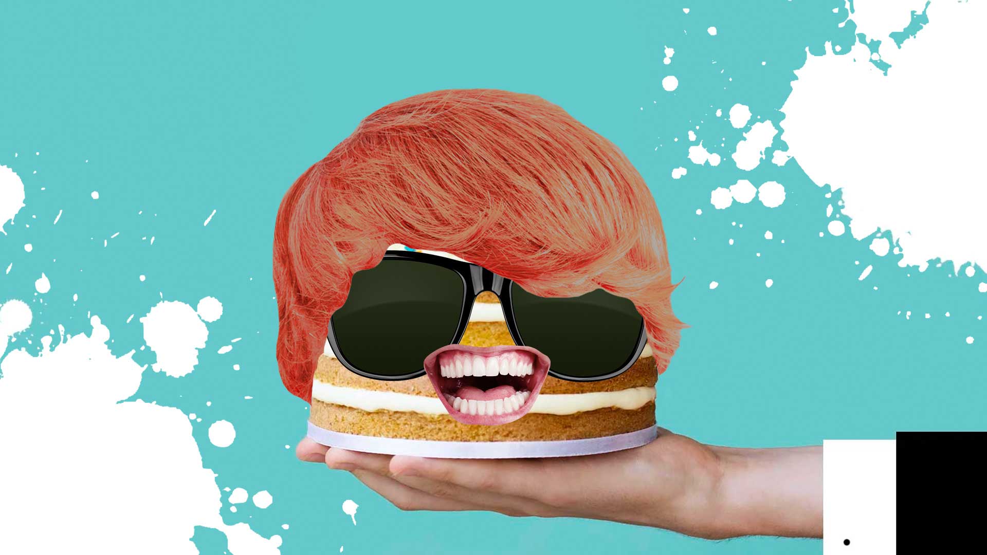A person holding a cake wearing a wig