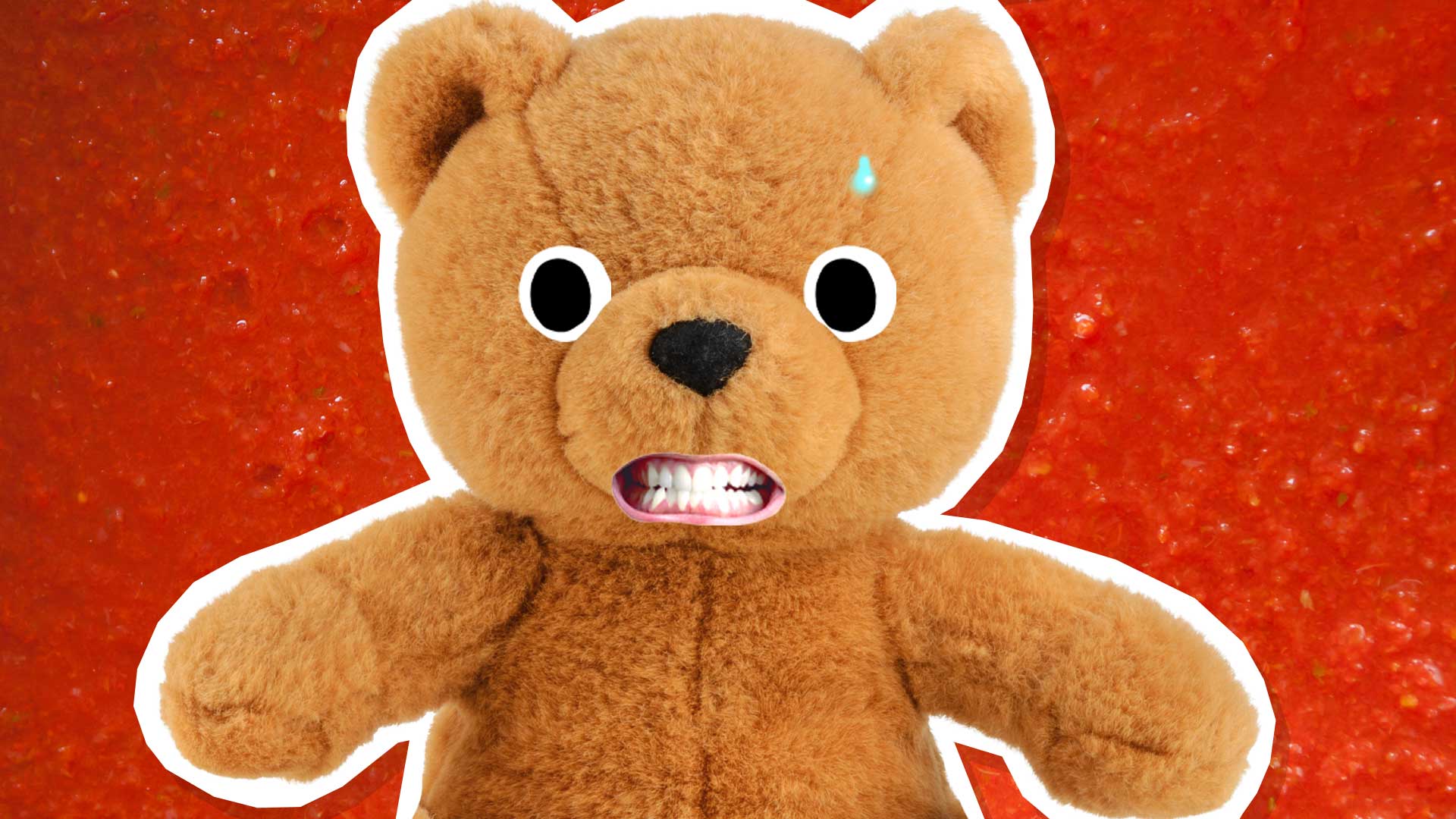 A teddy bear with a background of hot sauce!