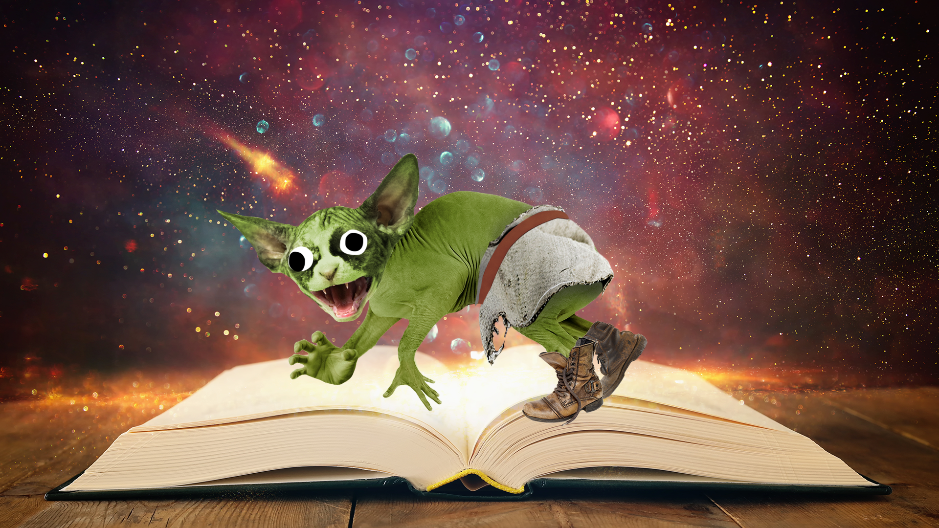 A Shrek like goblin on a fairytale book