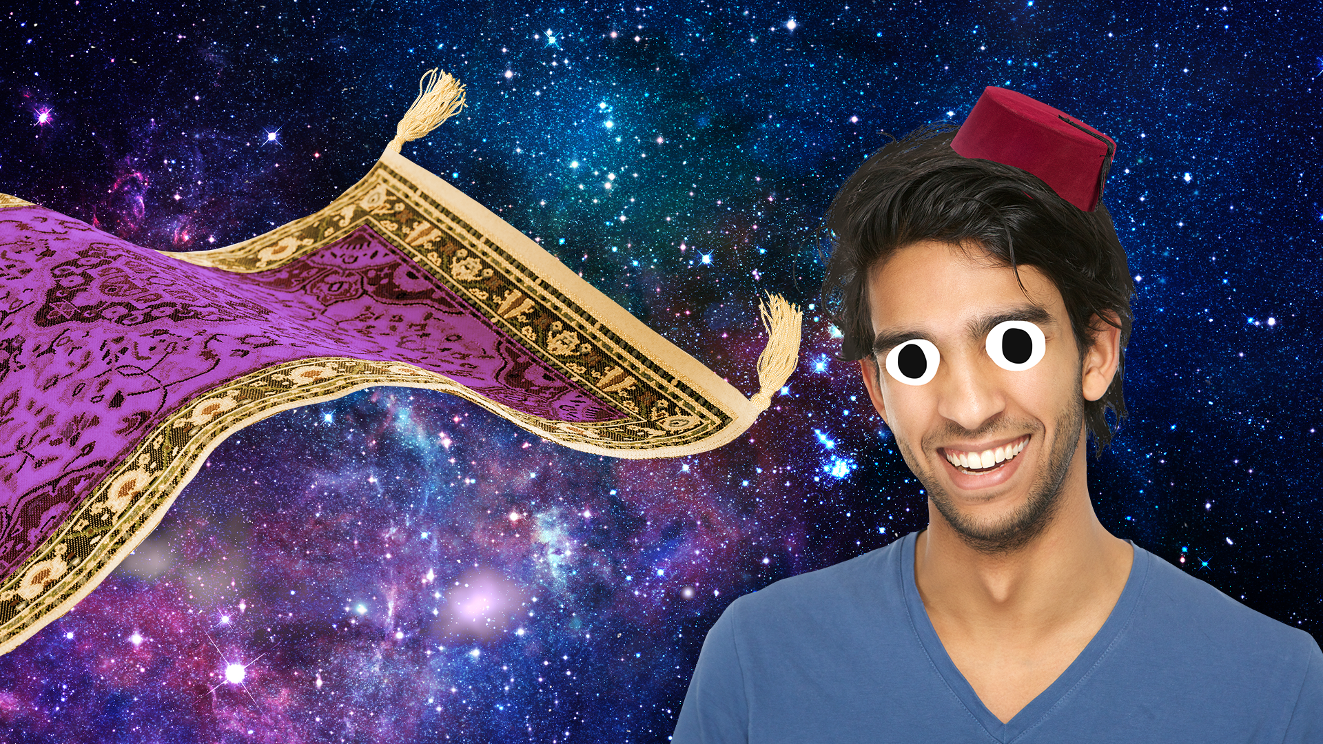 Beano Aladdin and magic carpet on space background