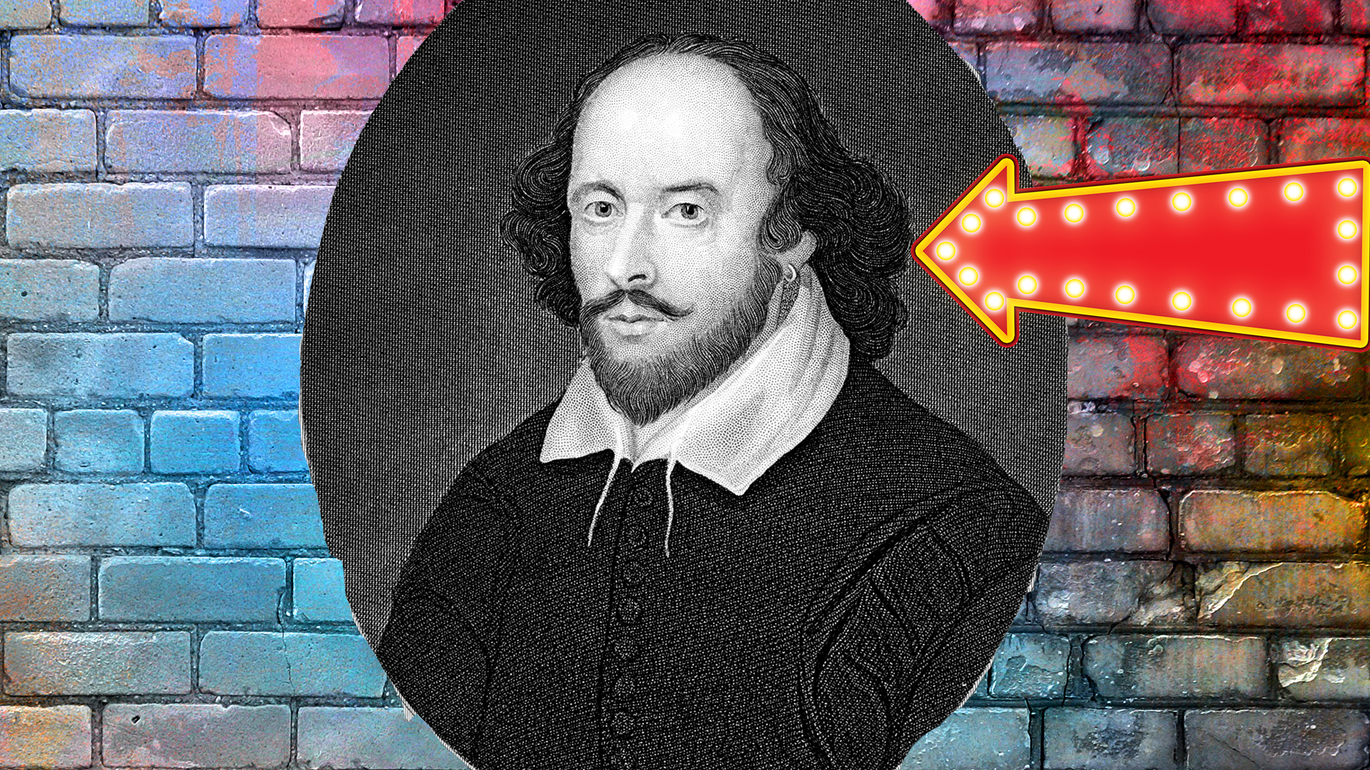 Pic of Shakespeare with arrow on brick background