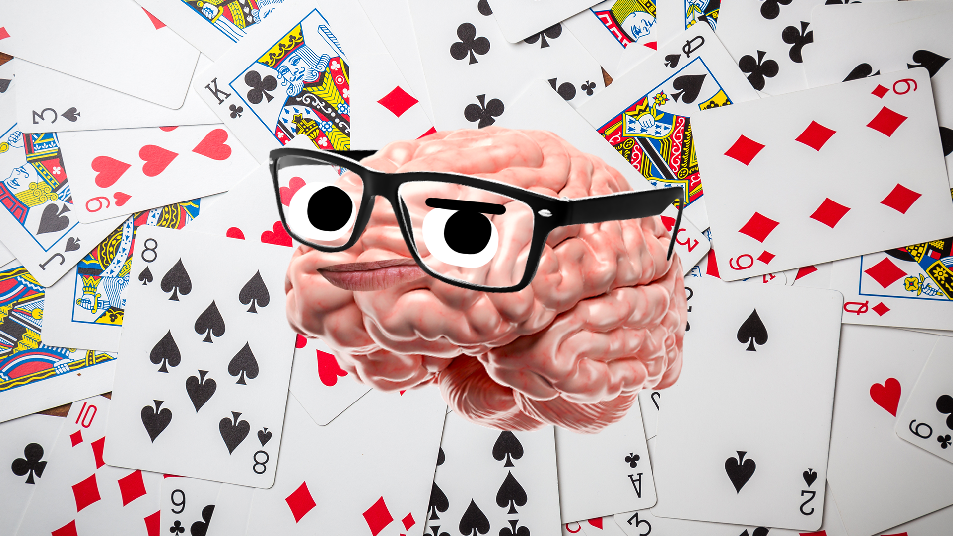 A brain wearing glasses with a pack of playing cards in the background
