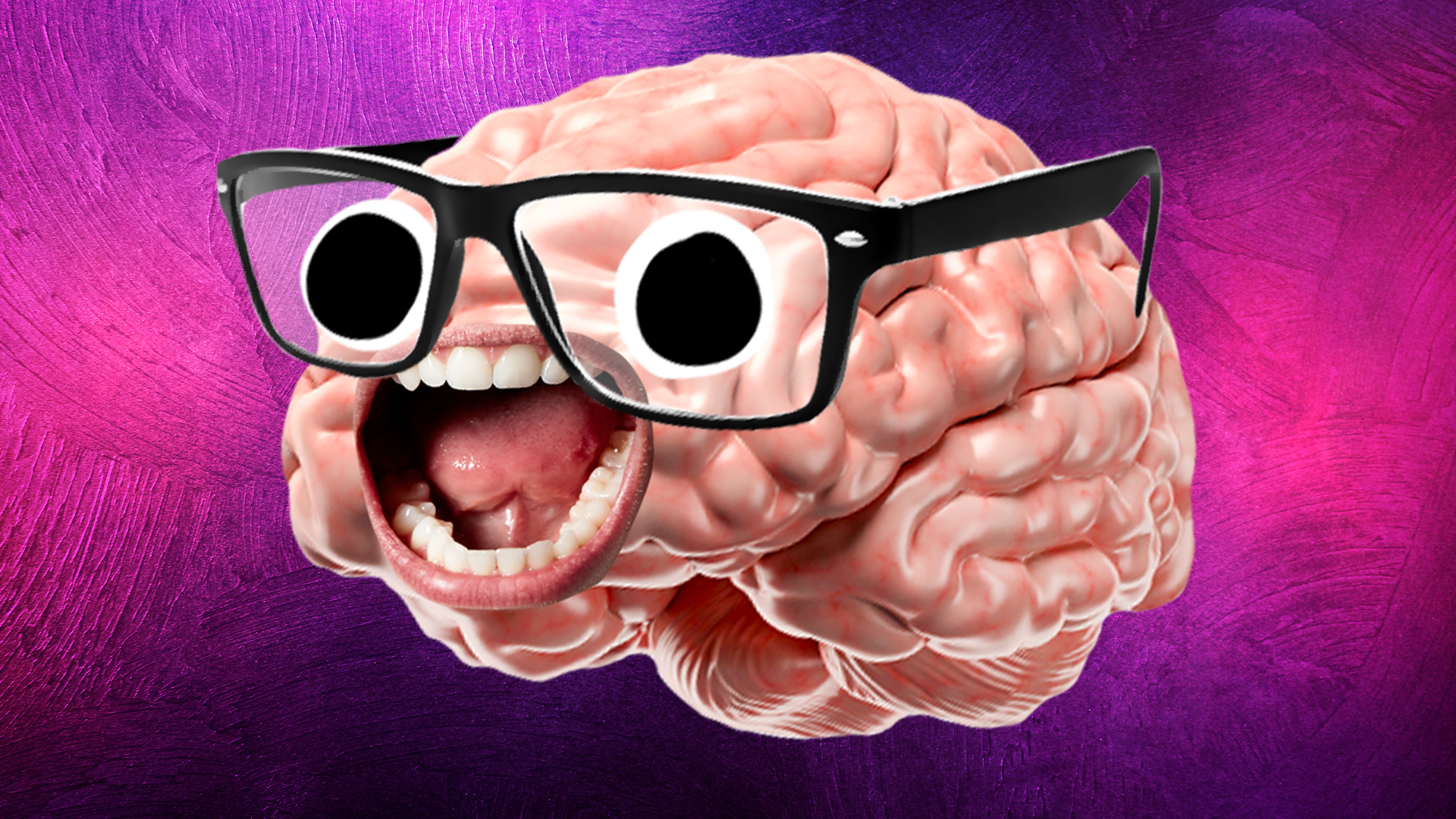 Brain in glasses grinning on purple background