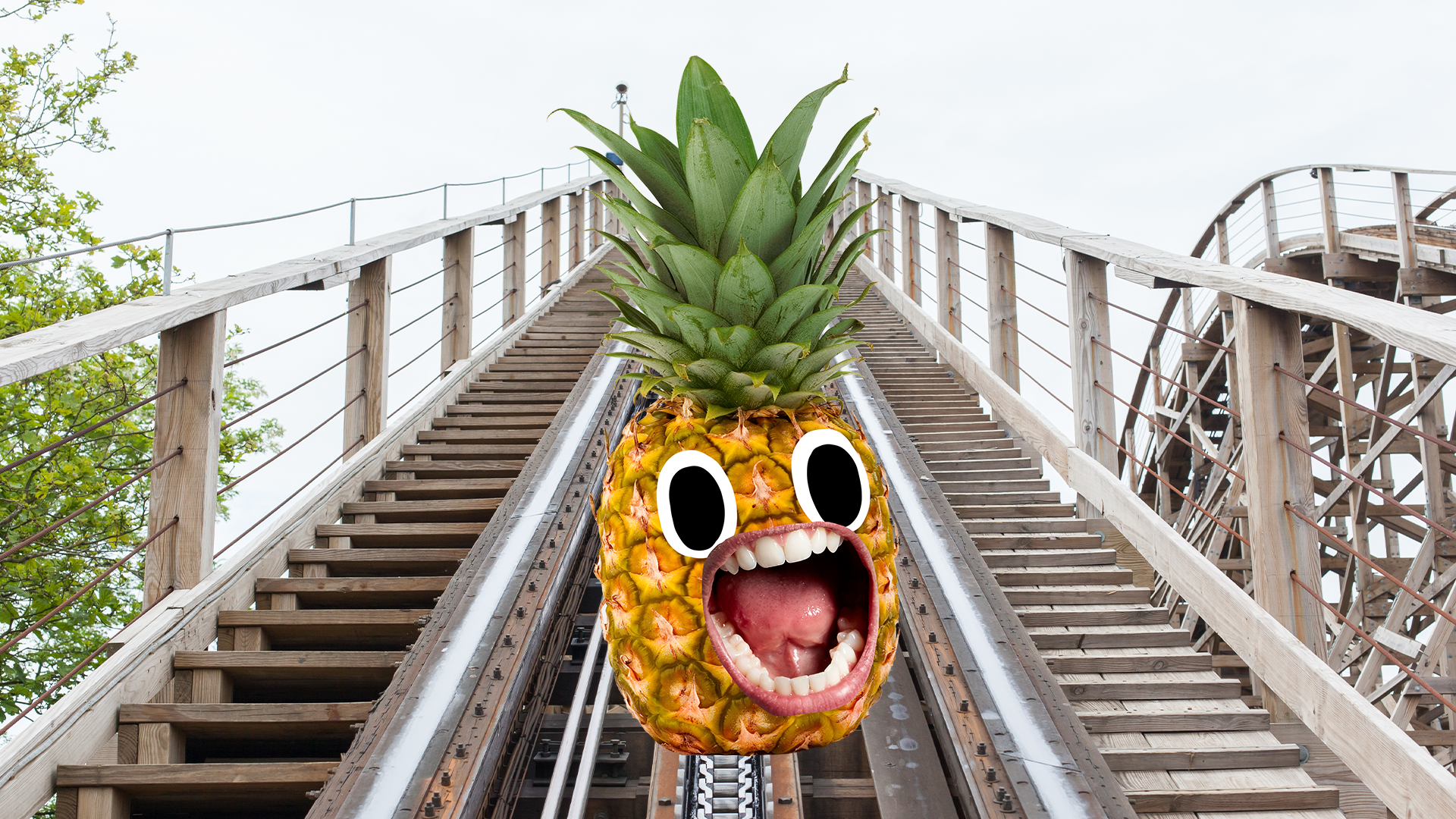 Screaming pineapple on rollercoaster tracks