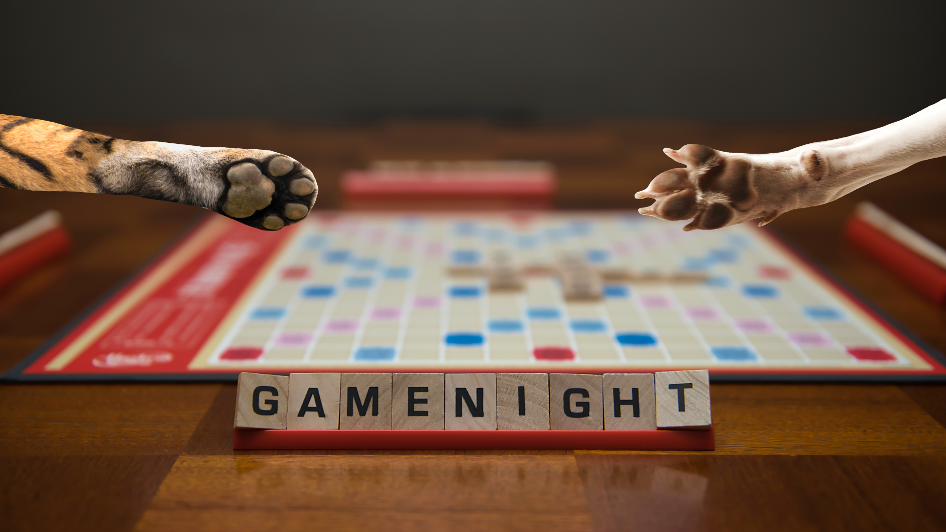 Two animal paws hovering over a Scrabble style game with game tiles spelling 'Game Night' in the foreground