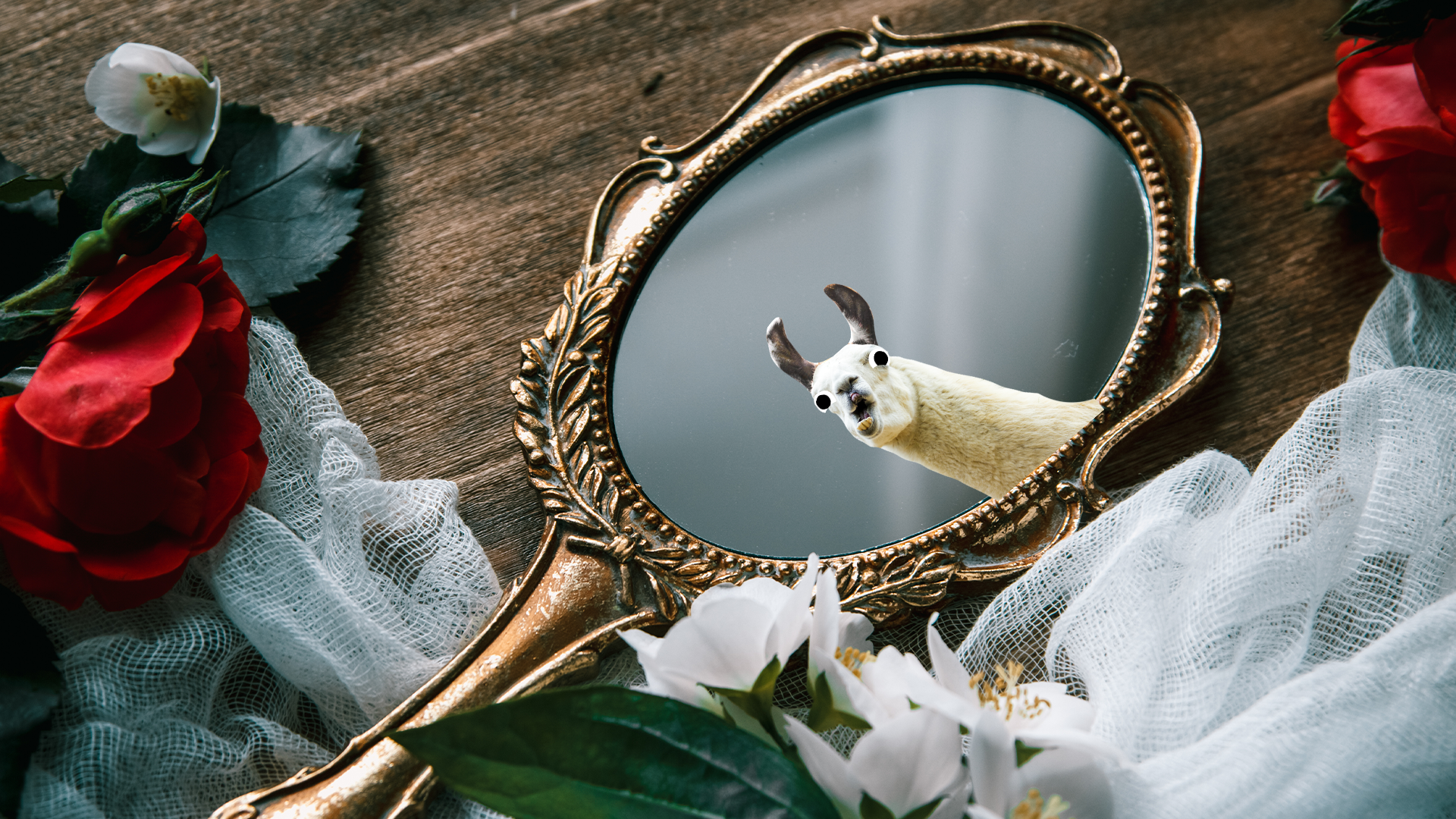 Magic mirror showing derpy llama