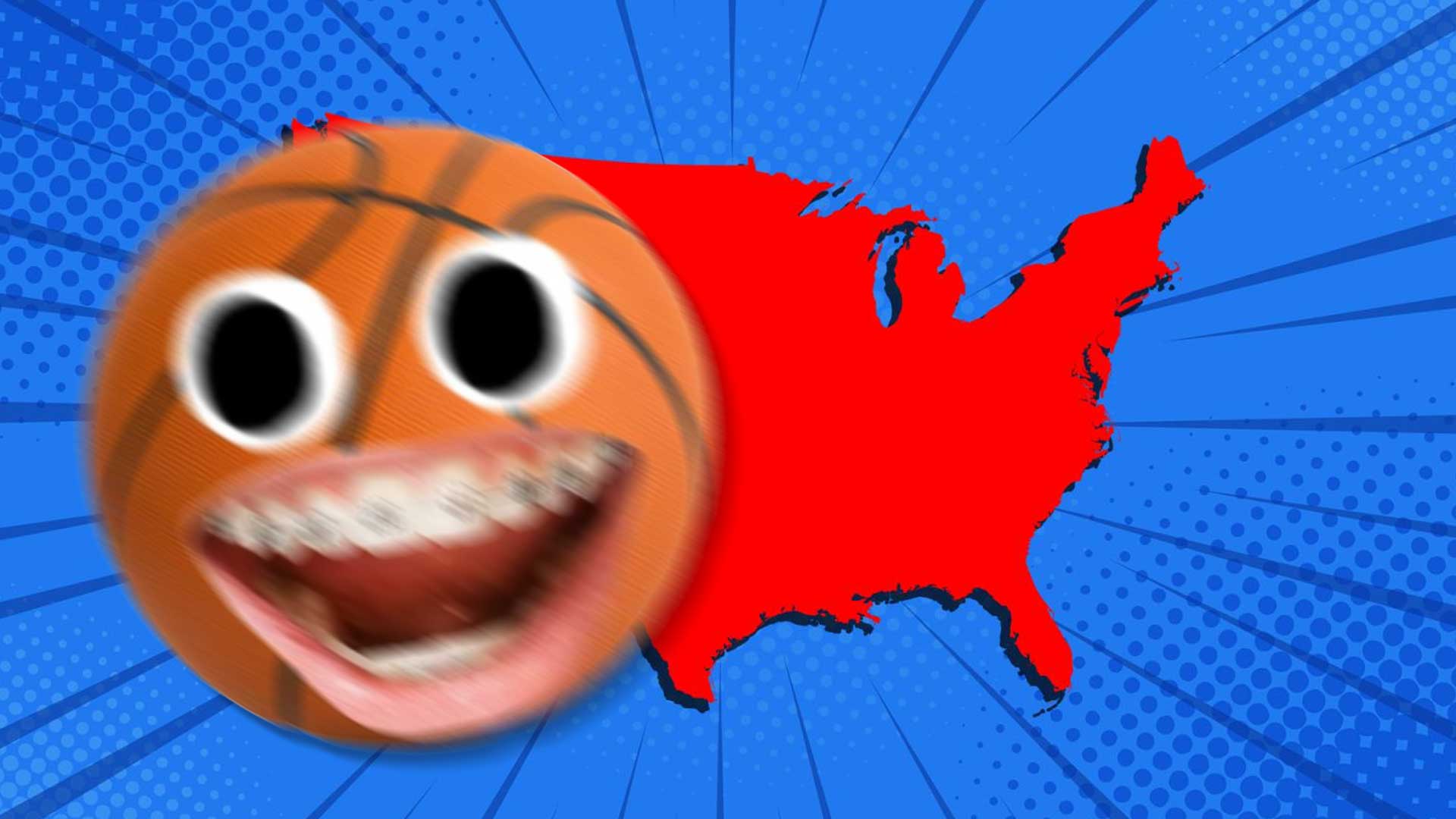 A blurred basketball in front of the outline of the USA