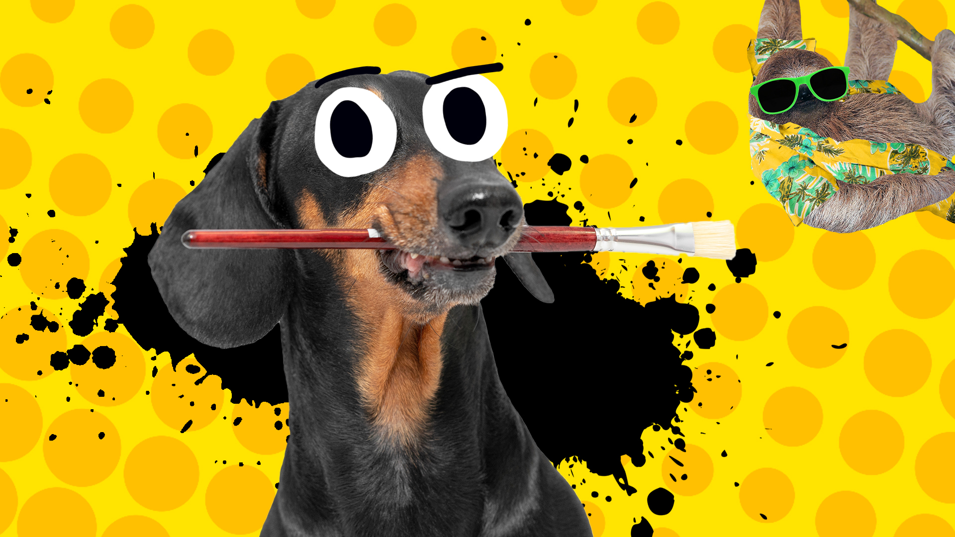 A dachshund holding a paintbrush – and there's a sloth chilling out in the corner too