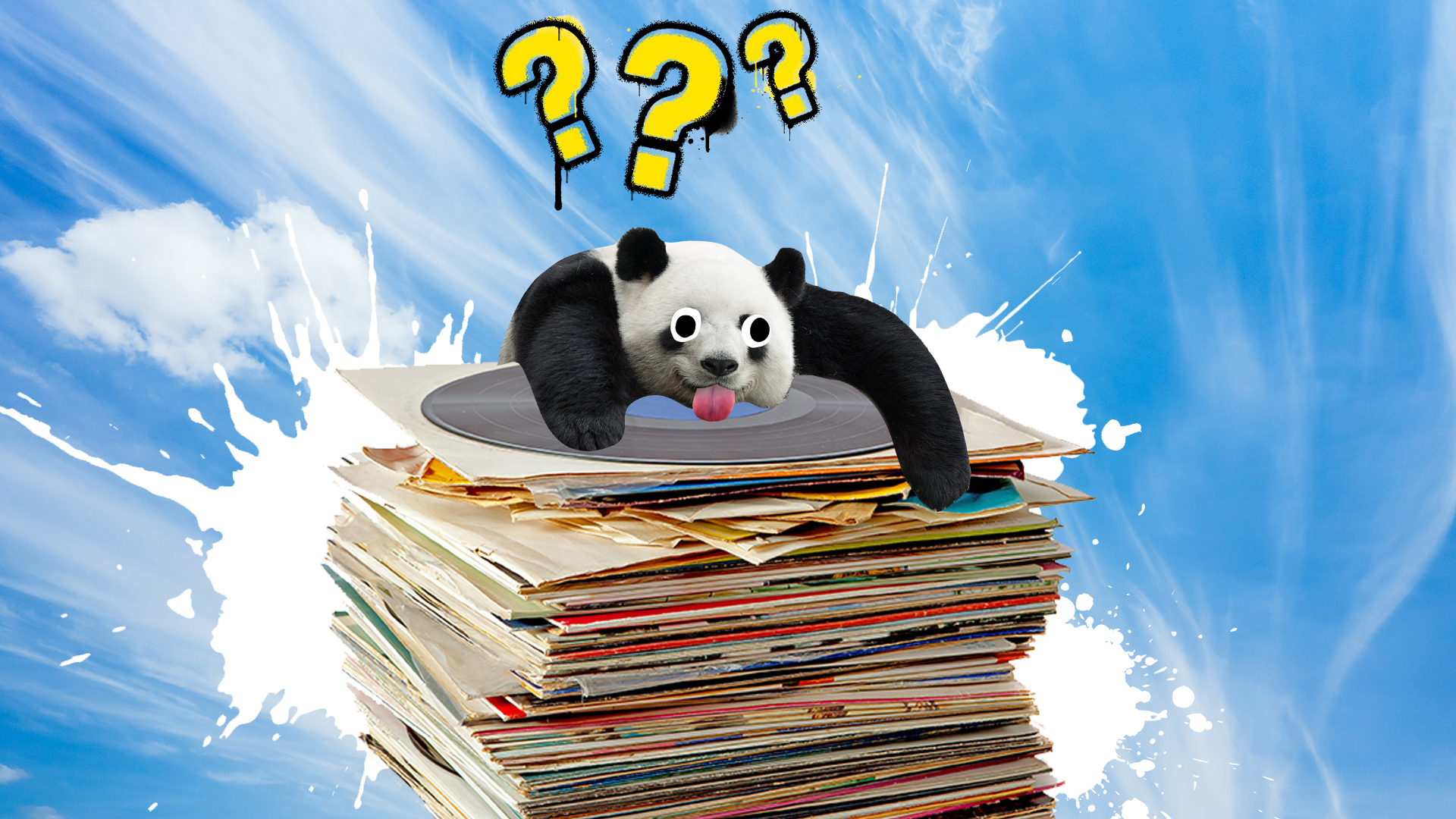 A panda on top of a pile of vinyl records