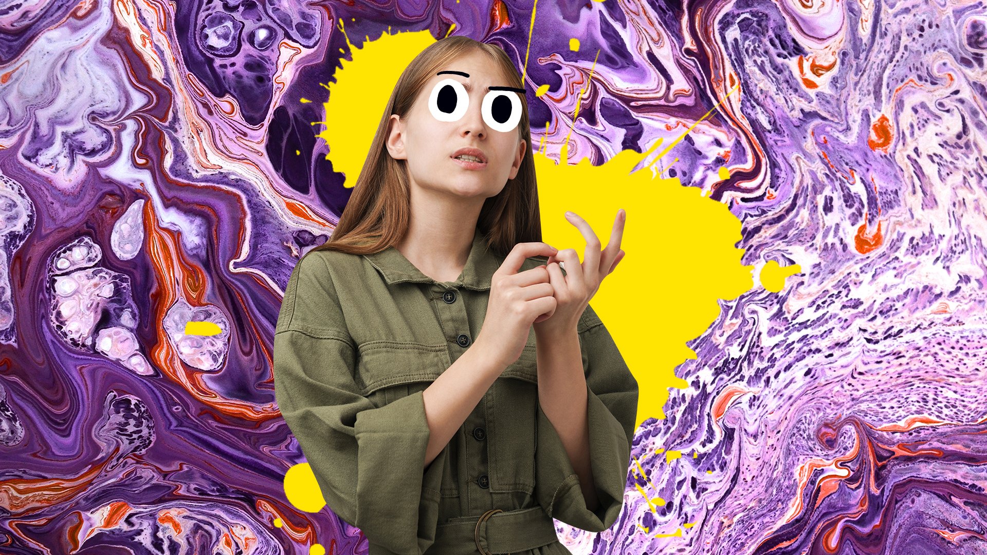 A person counting with a swirly purple background