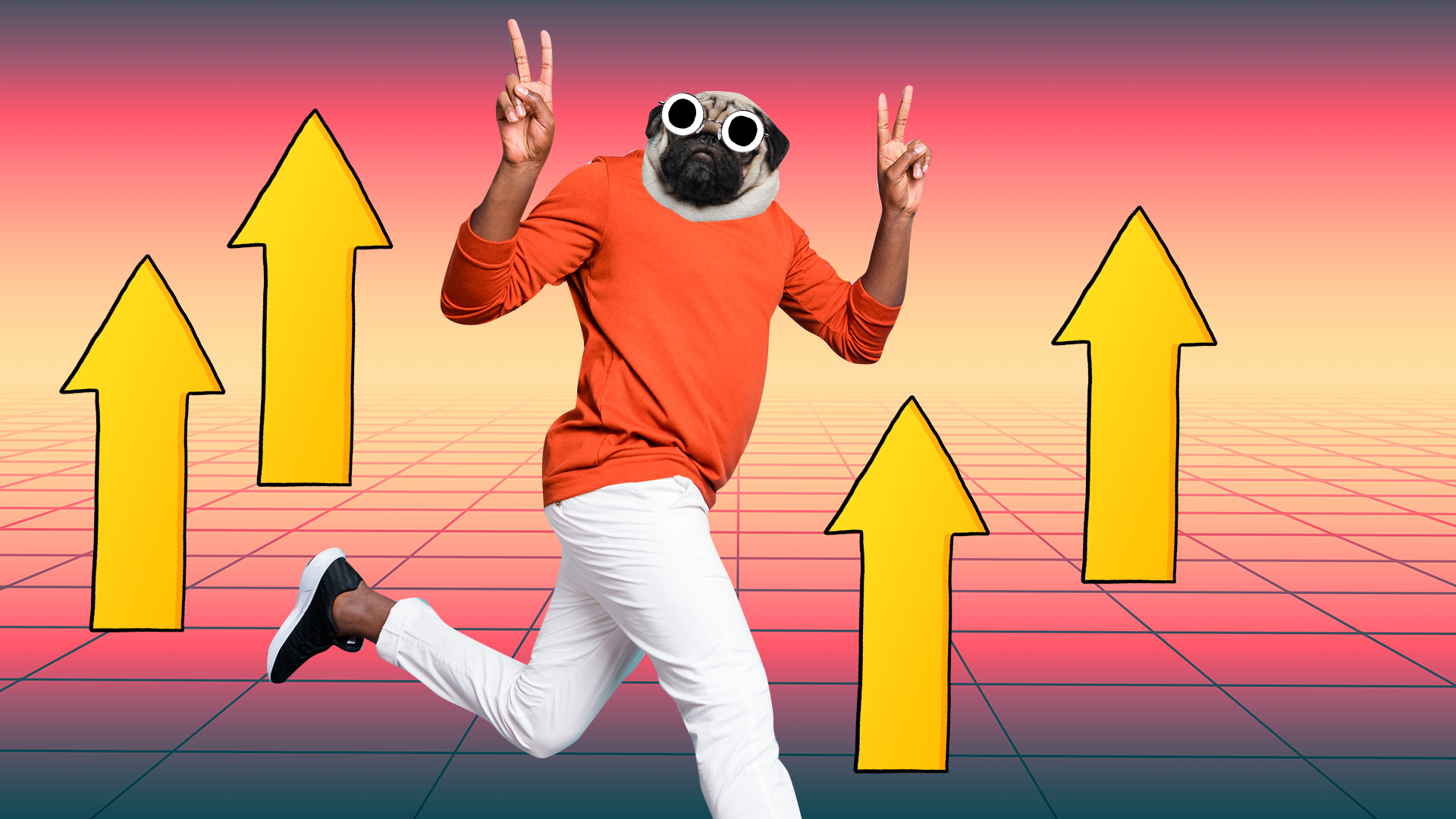 A person with a pug's head running with a 80s retro background 