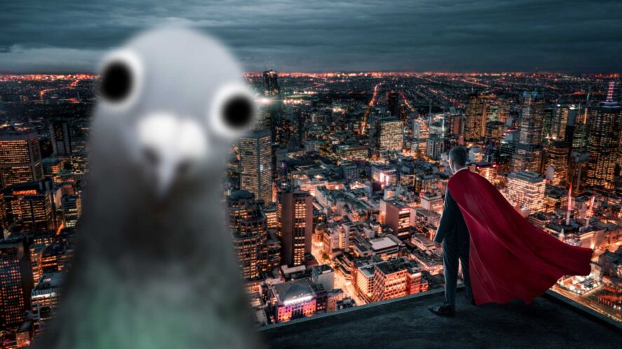 A pigeon and a superhero overlooking a city at night