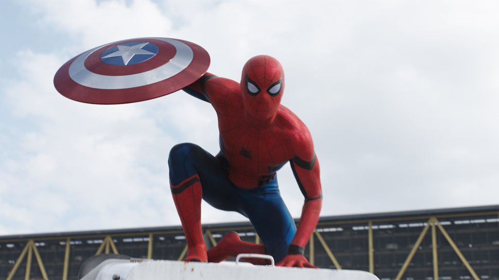 Spider-Man holds a shield with a star in the middle