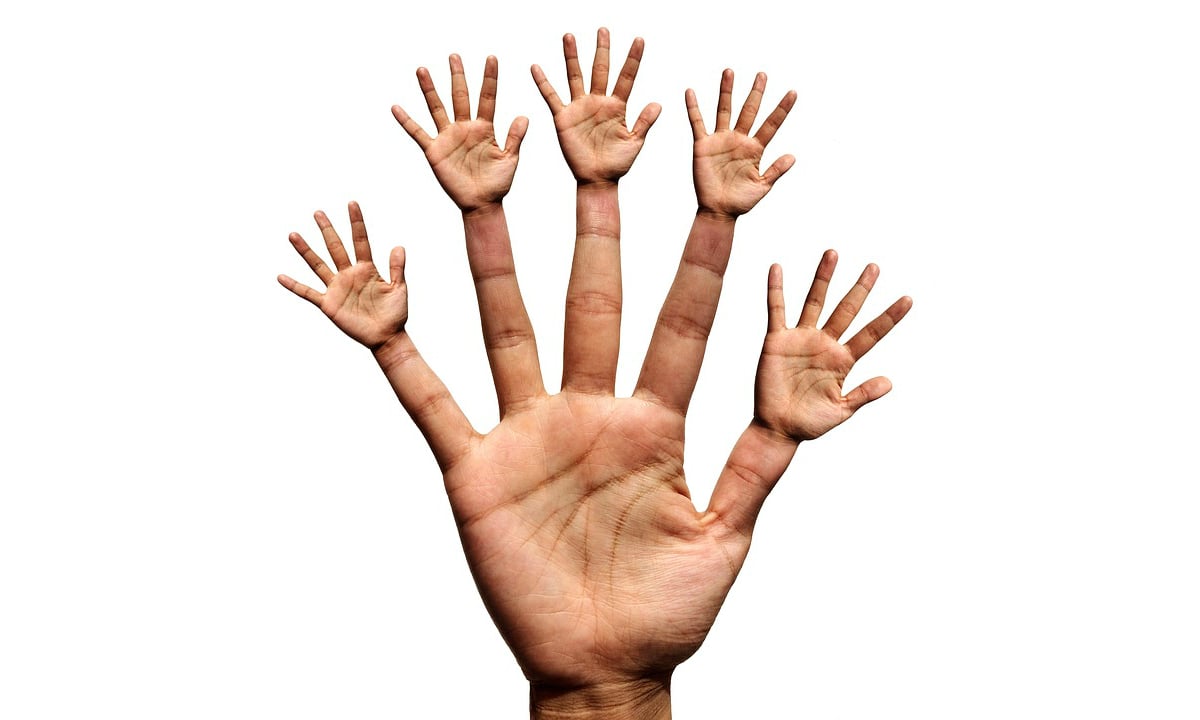 A hand with five small hands at the end of its fingers