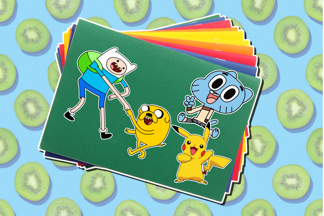 Cartoon stickets featuring Adventure Time, Pokemon and Gumballs