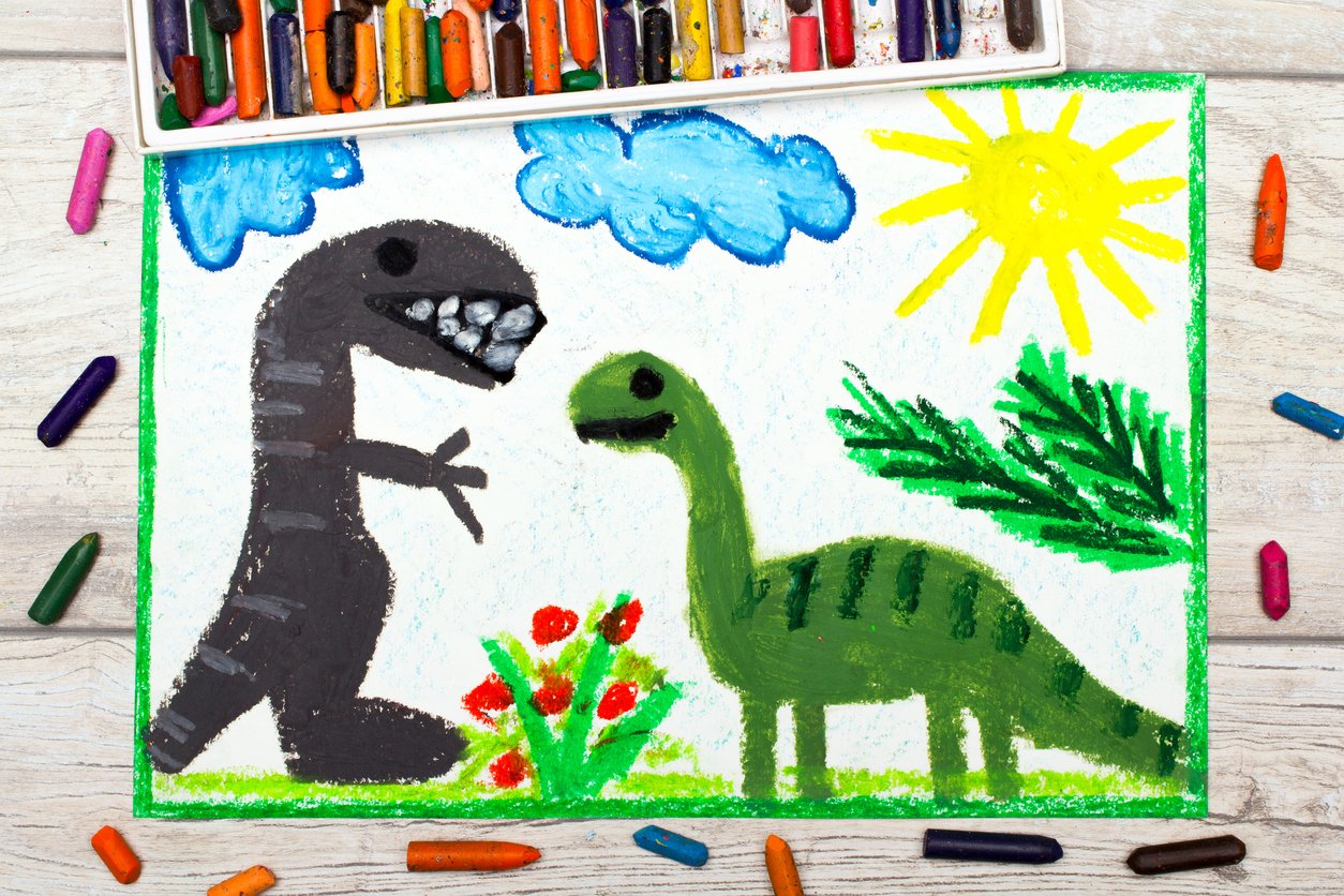 A colourful drawing of a diplodocus and tyrannosaurus rex