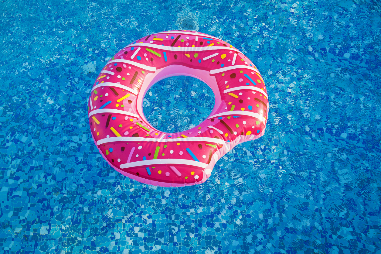 A donut-shaped pool float