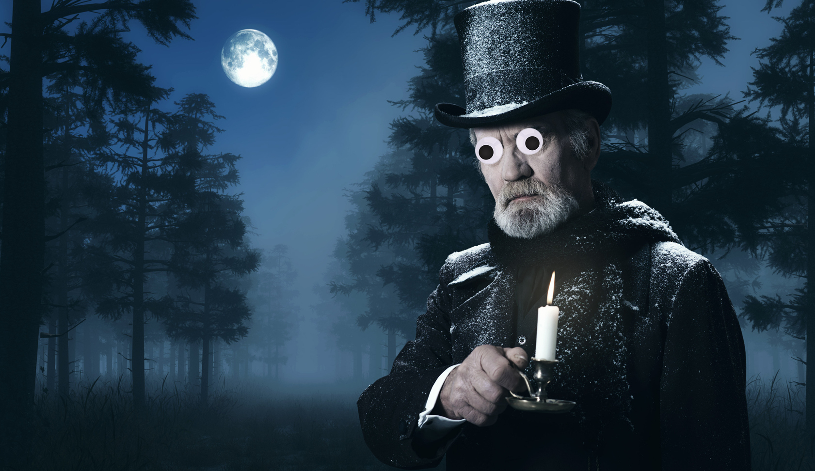 Scrooge holding a candle on a dark night