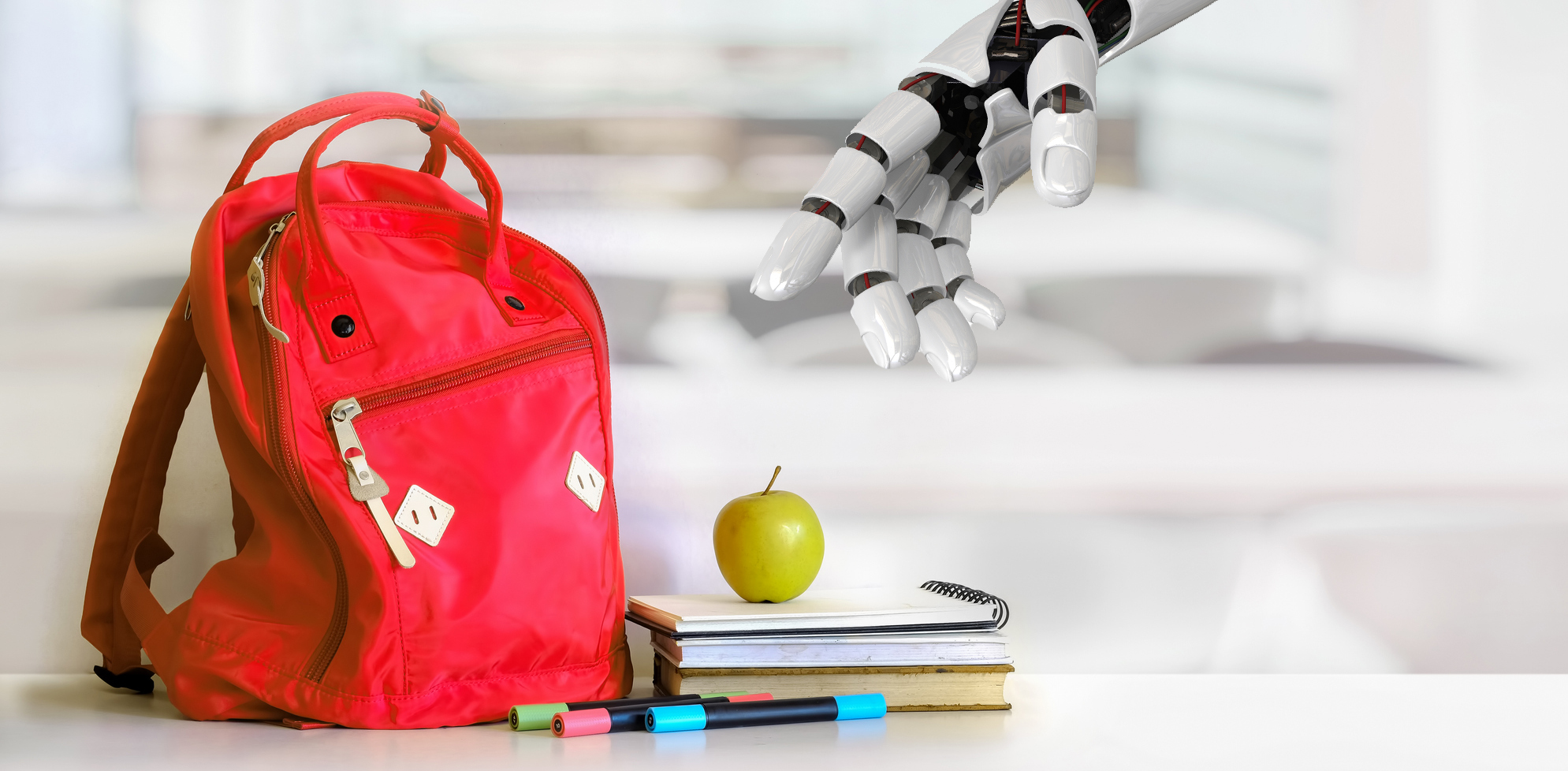 A robot reaches for a student's bag and apple