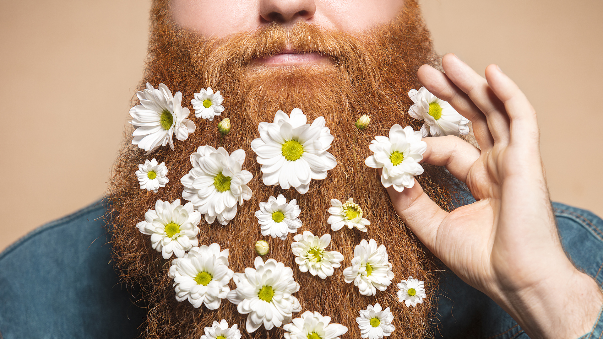 A big bushy beard decorated with daisies