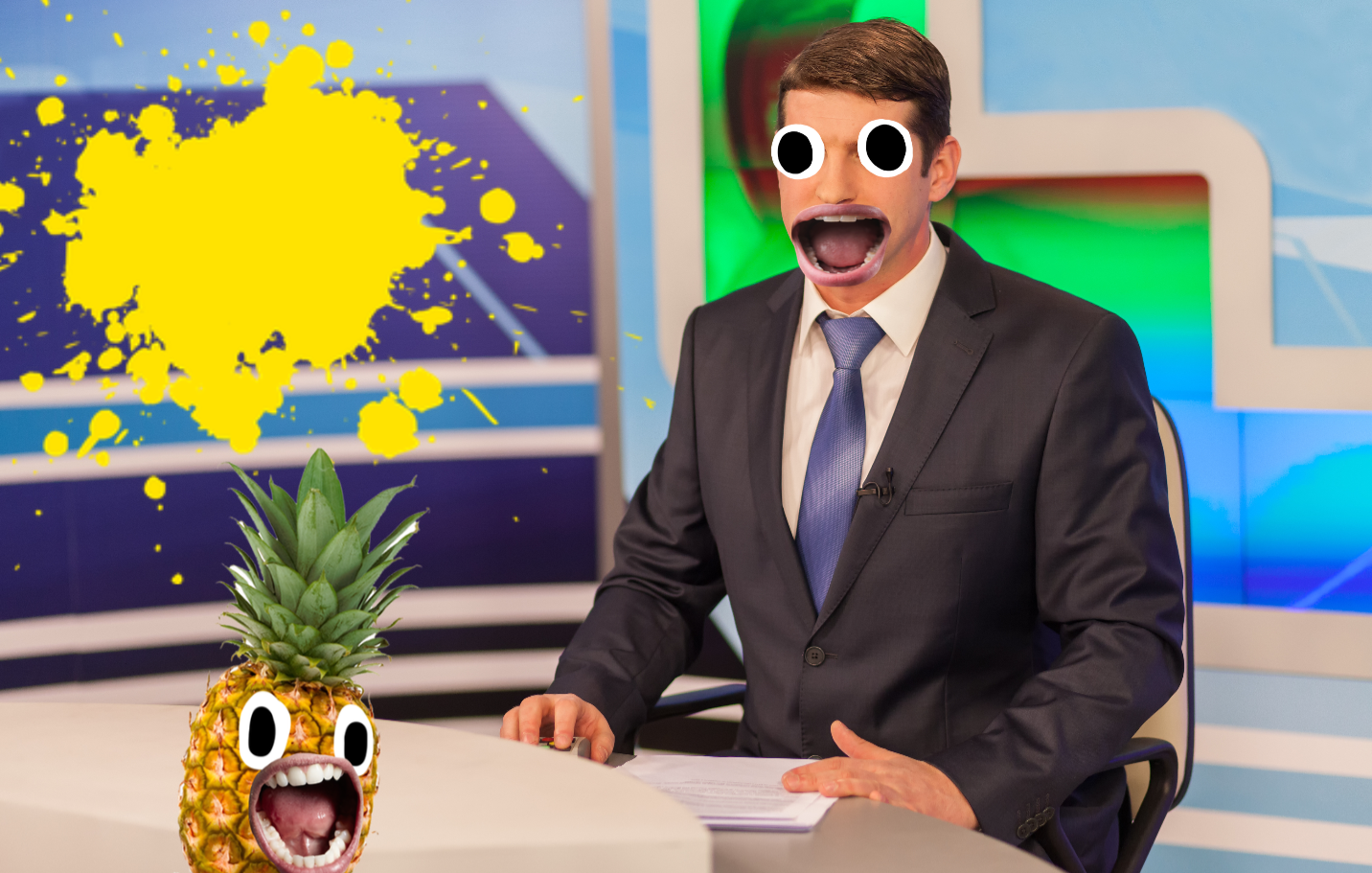 A newsreader and a shouting pineapple