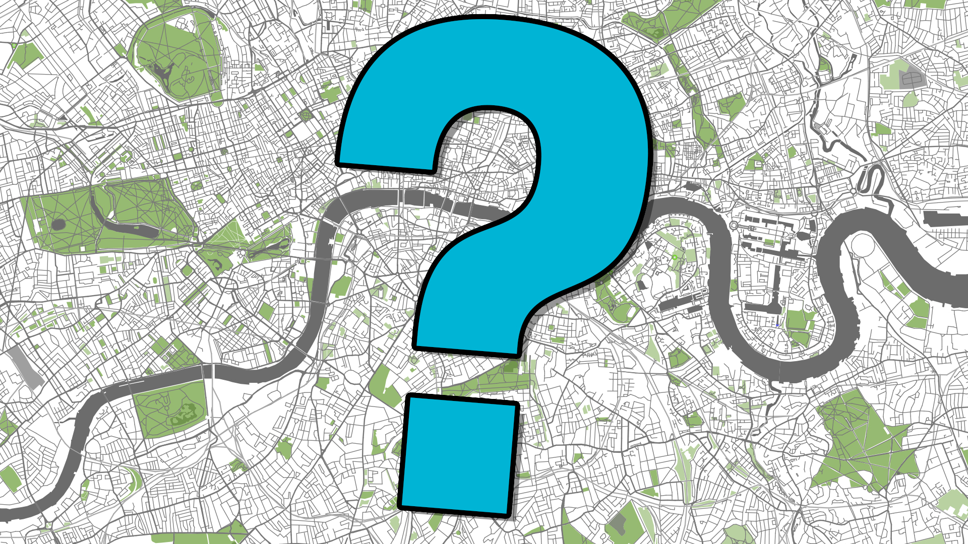 A map of London with a big blue question mark over it