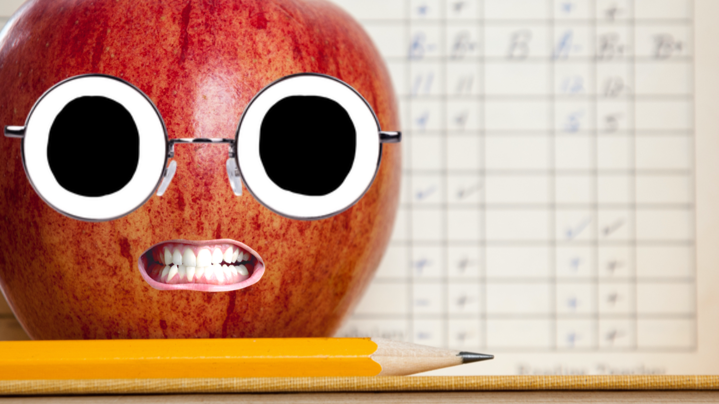 School report and a big angry apple