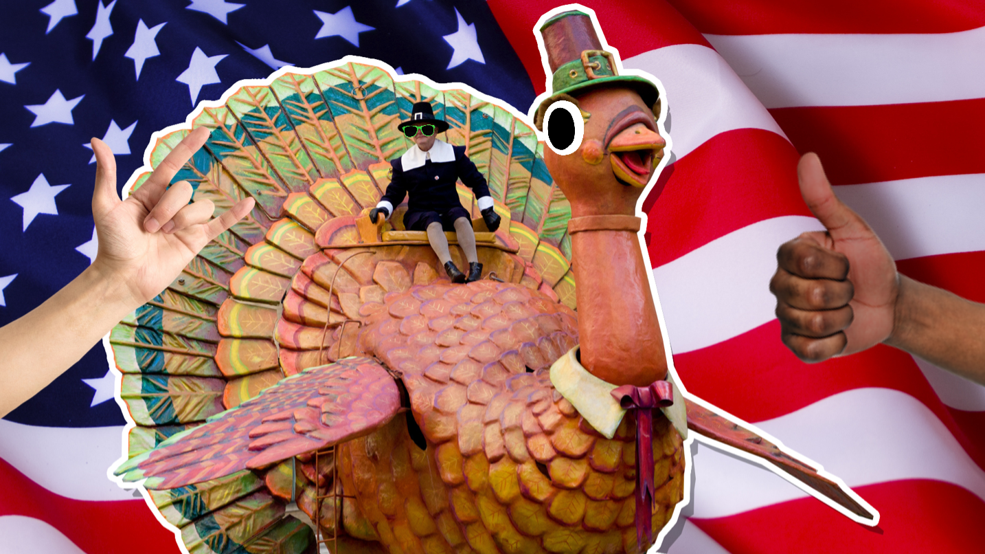 An inflatable turkey at a parade