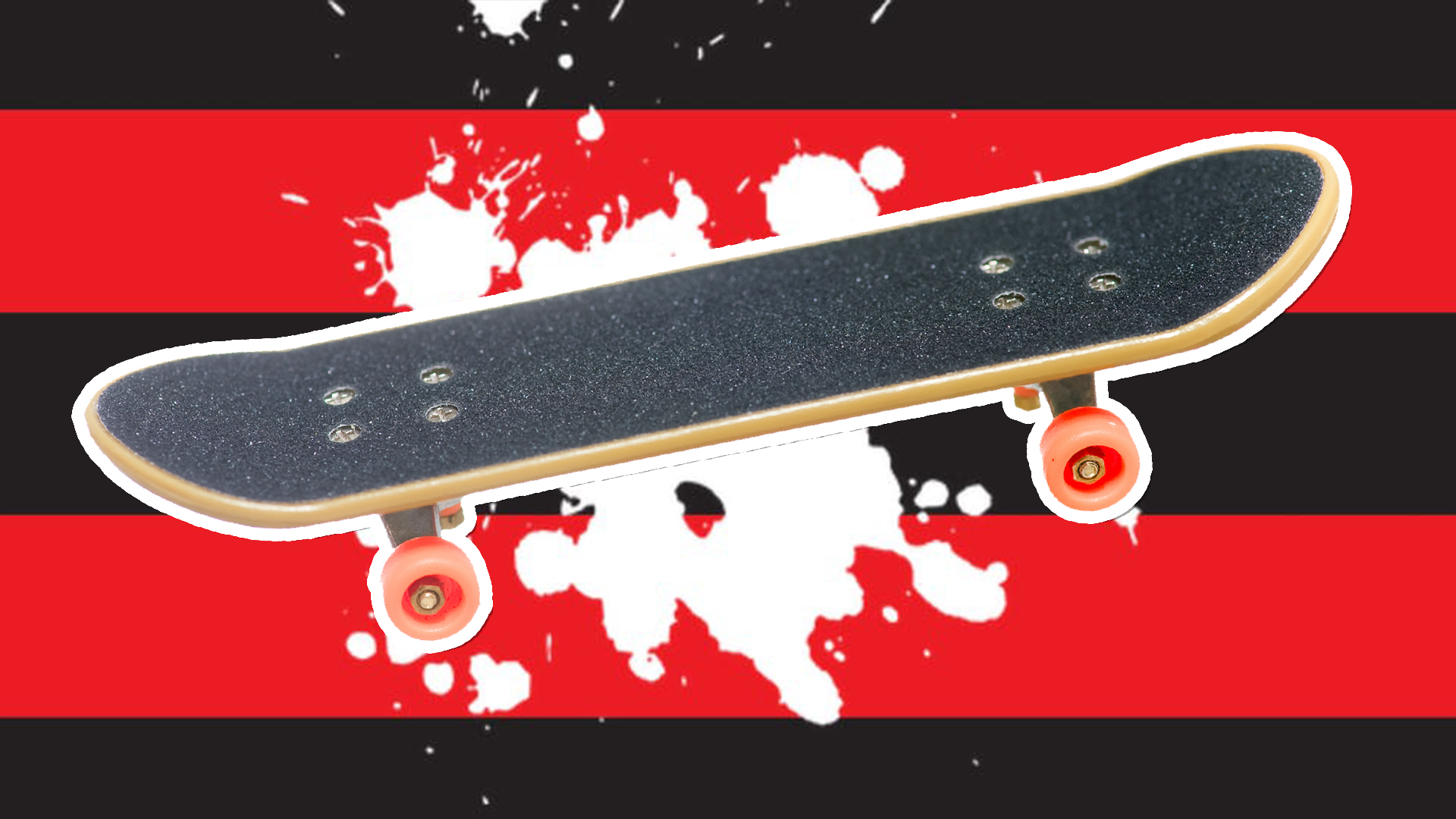 A skateboard on a red and black striped background