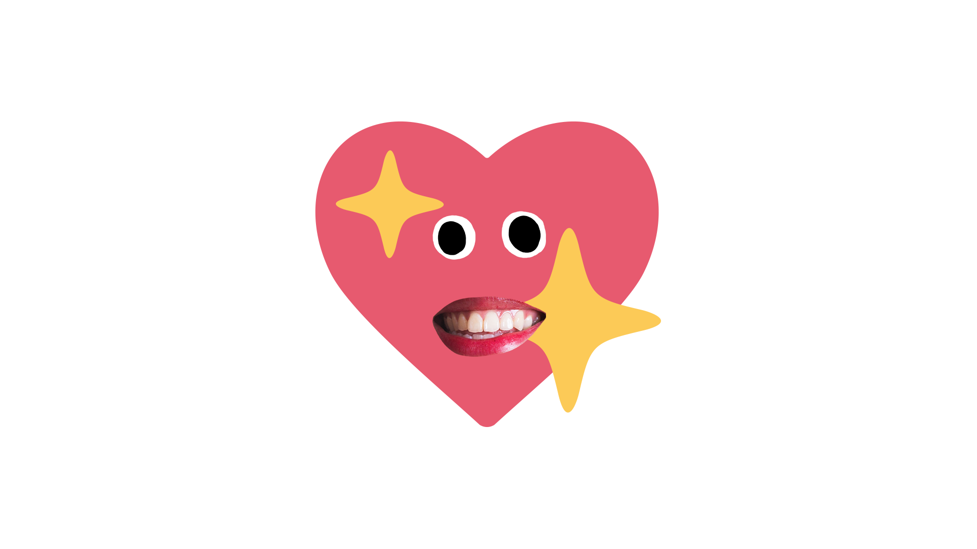Sparkle heart emoji with goofy face on white background