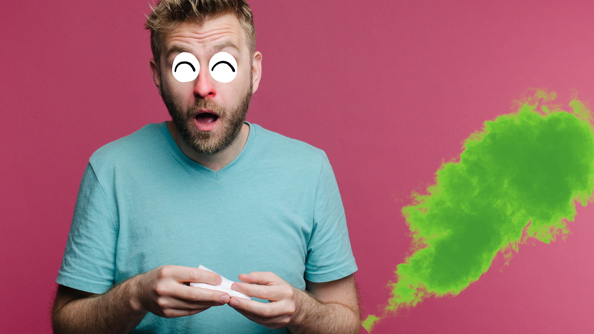 Sneezing man with fart cloud on pink background 