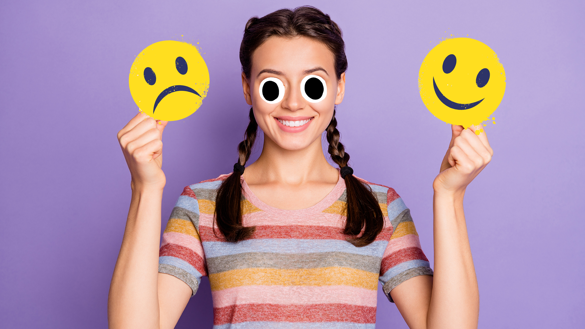 Woman on purple background with happy and sad emojis 