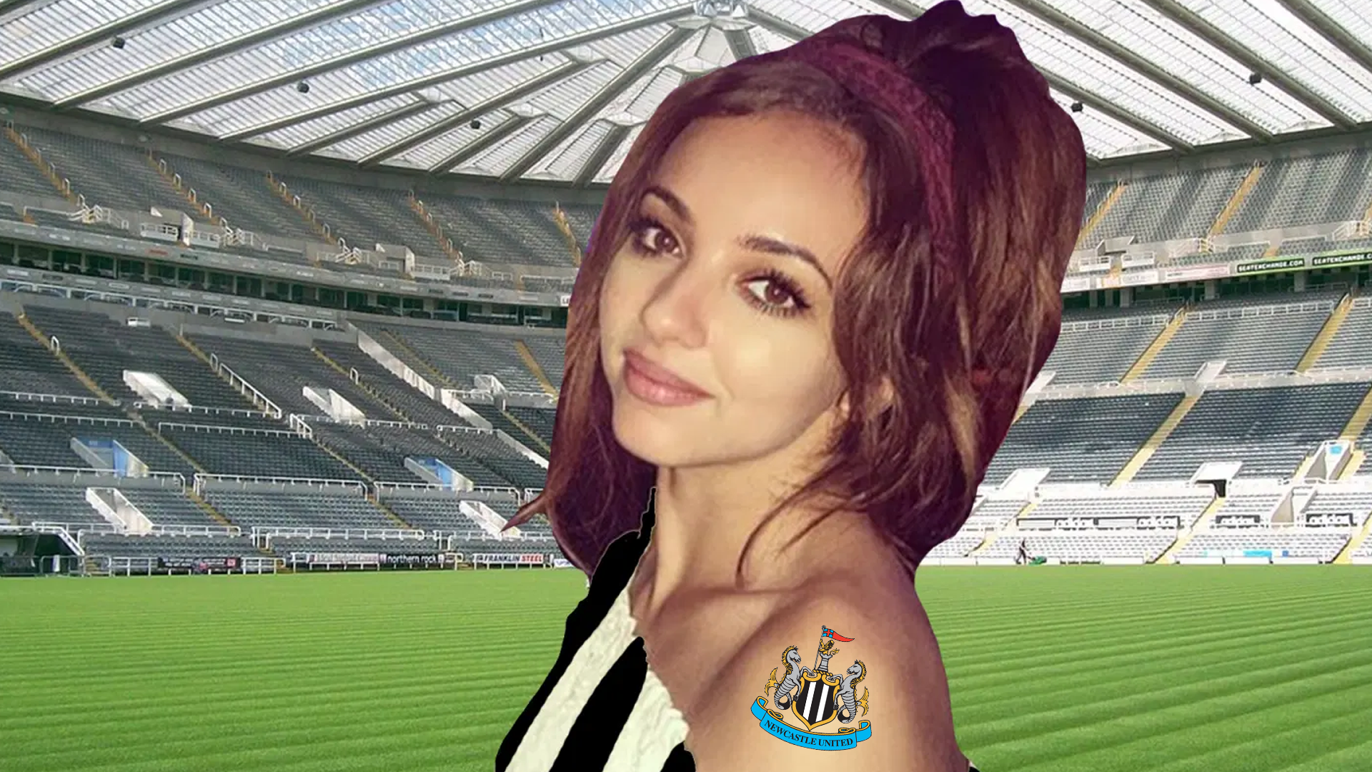 Jade Thirlwall and Newcastle United's stadium in background