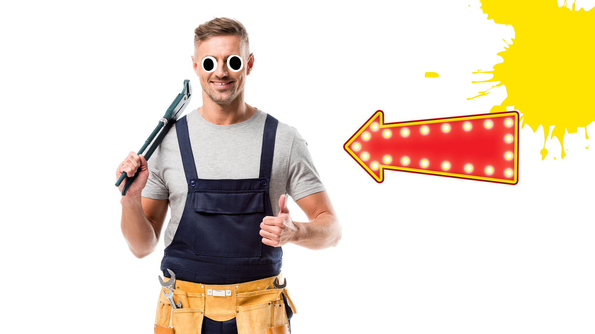 Plumber with yellow splat and arrow on white background