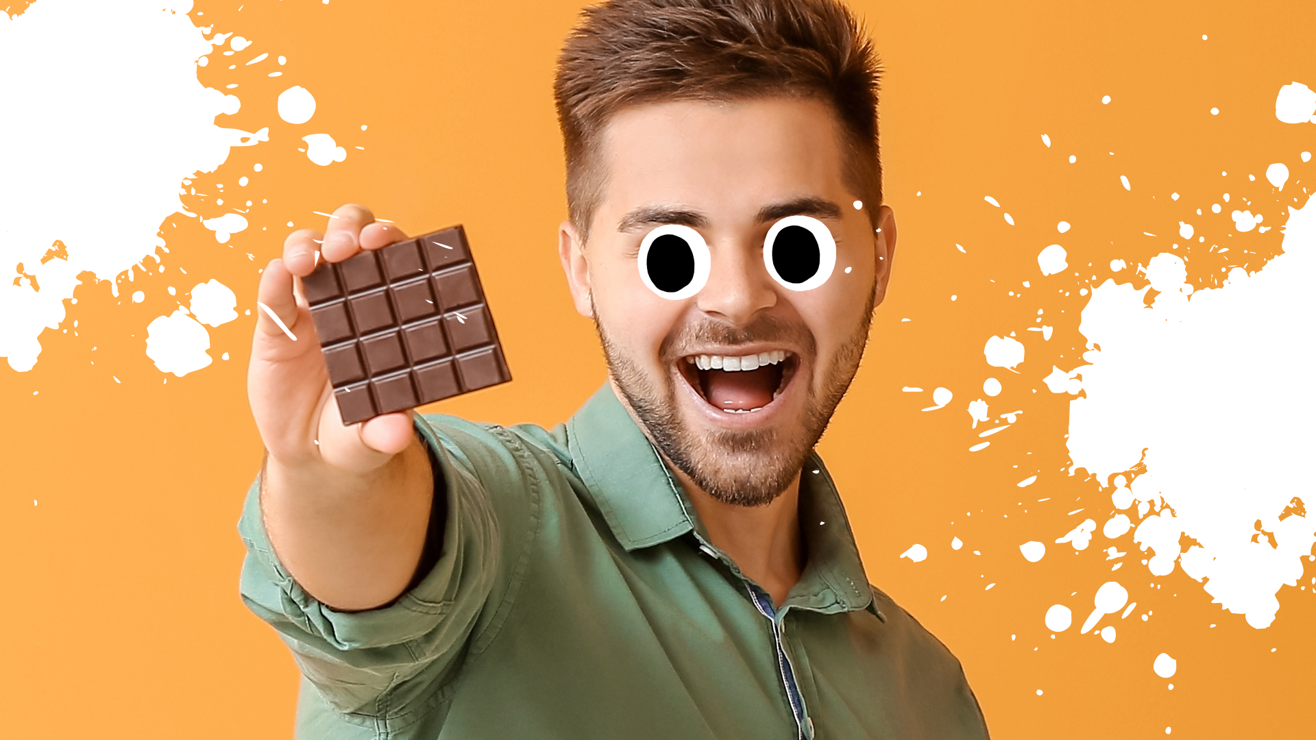A man holding a bar of chocolate