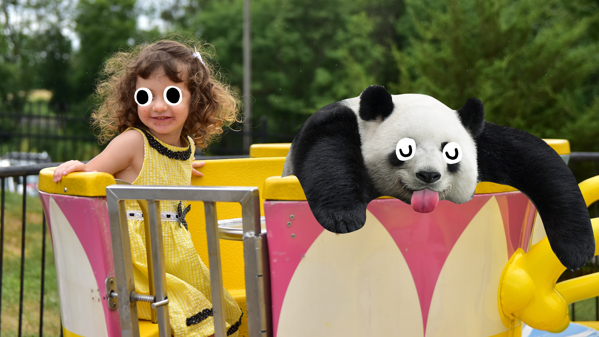 Girl on ride with derpy panda