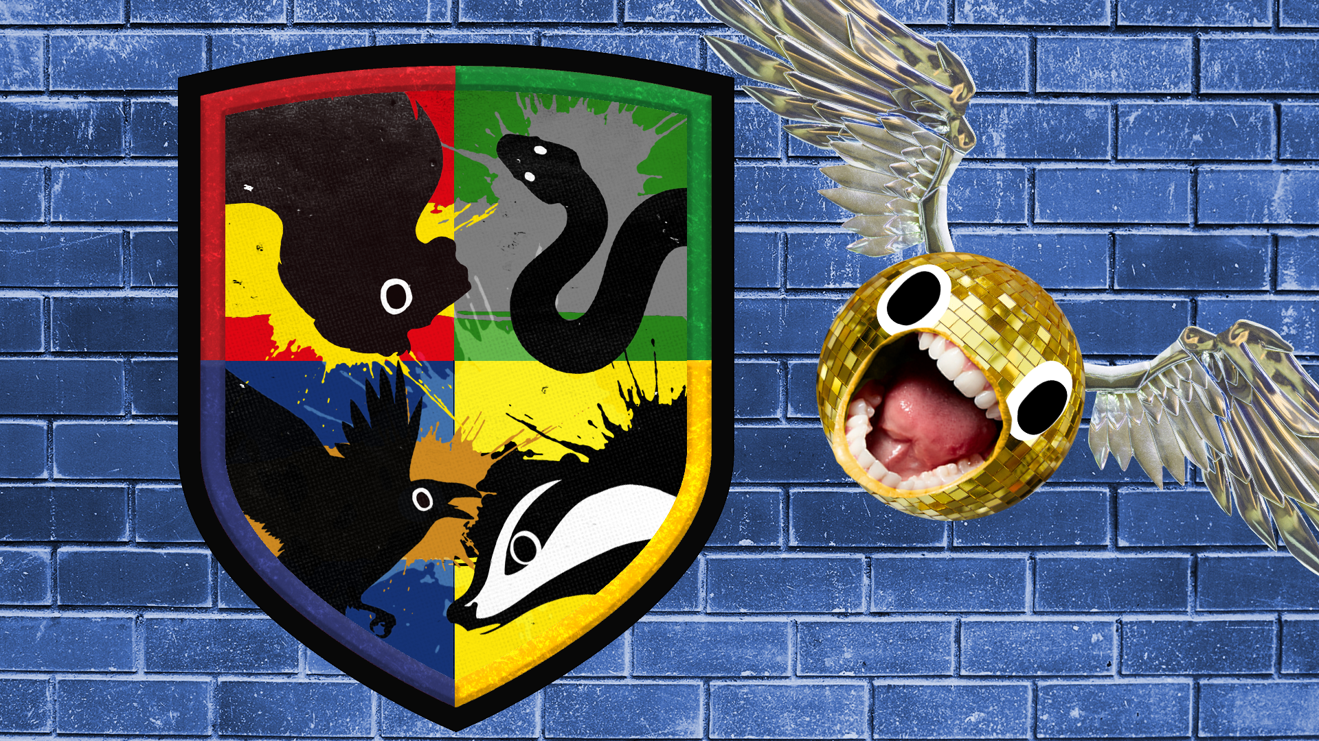 Beano style Hogwarts shield with screaming snitch