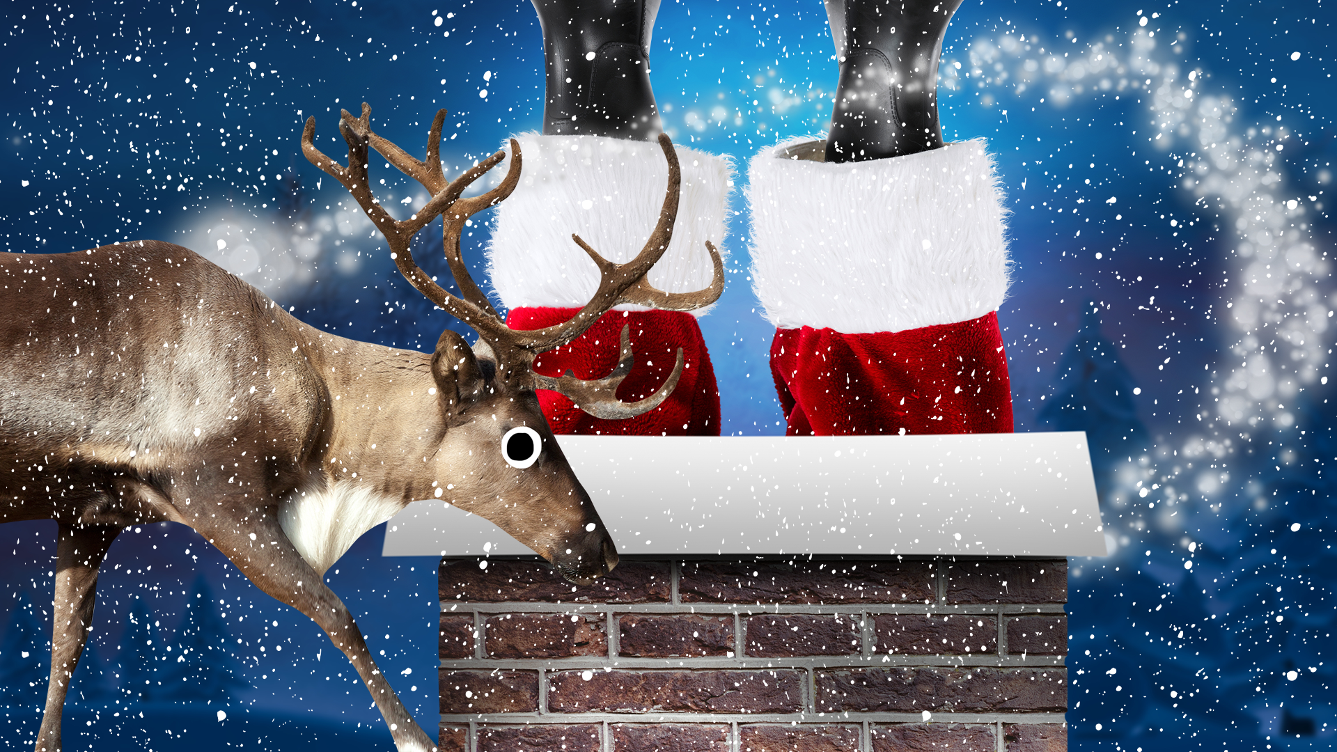 Beano reindeer and Santa stuck in chimney with snow