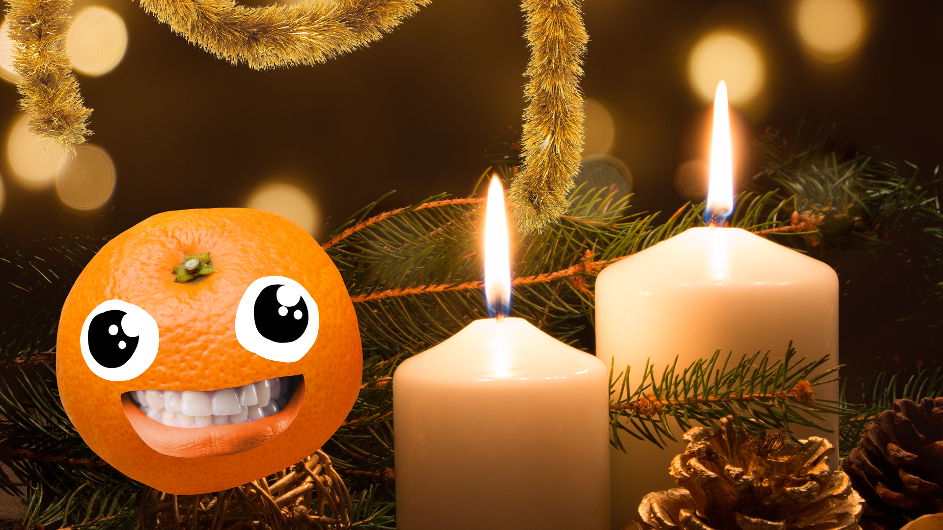 Beano tangerine in Christmassy scene 