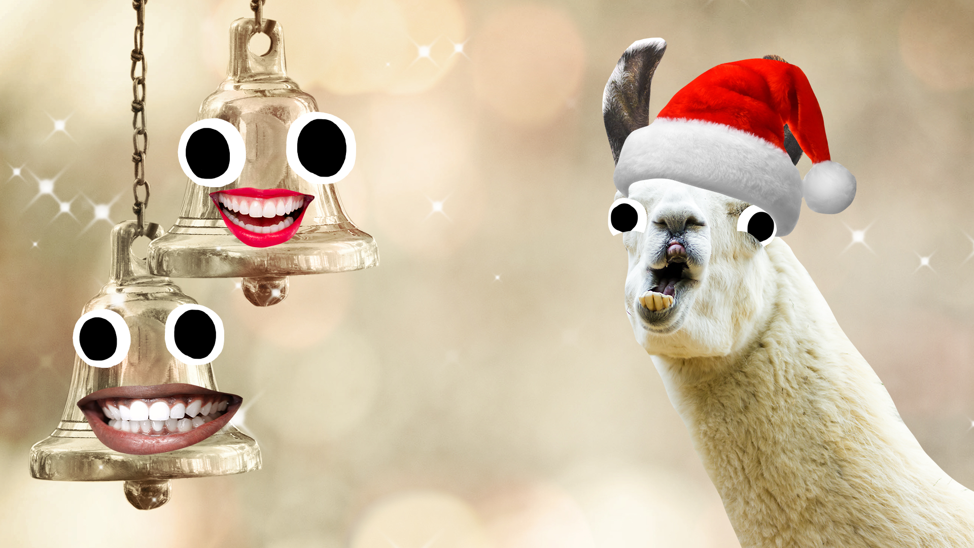 Bells with faces and llama with santa hat