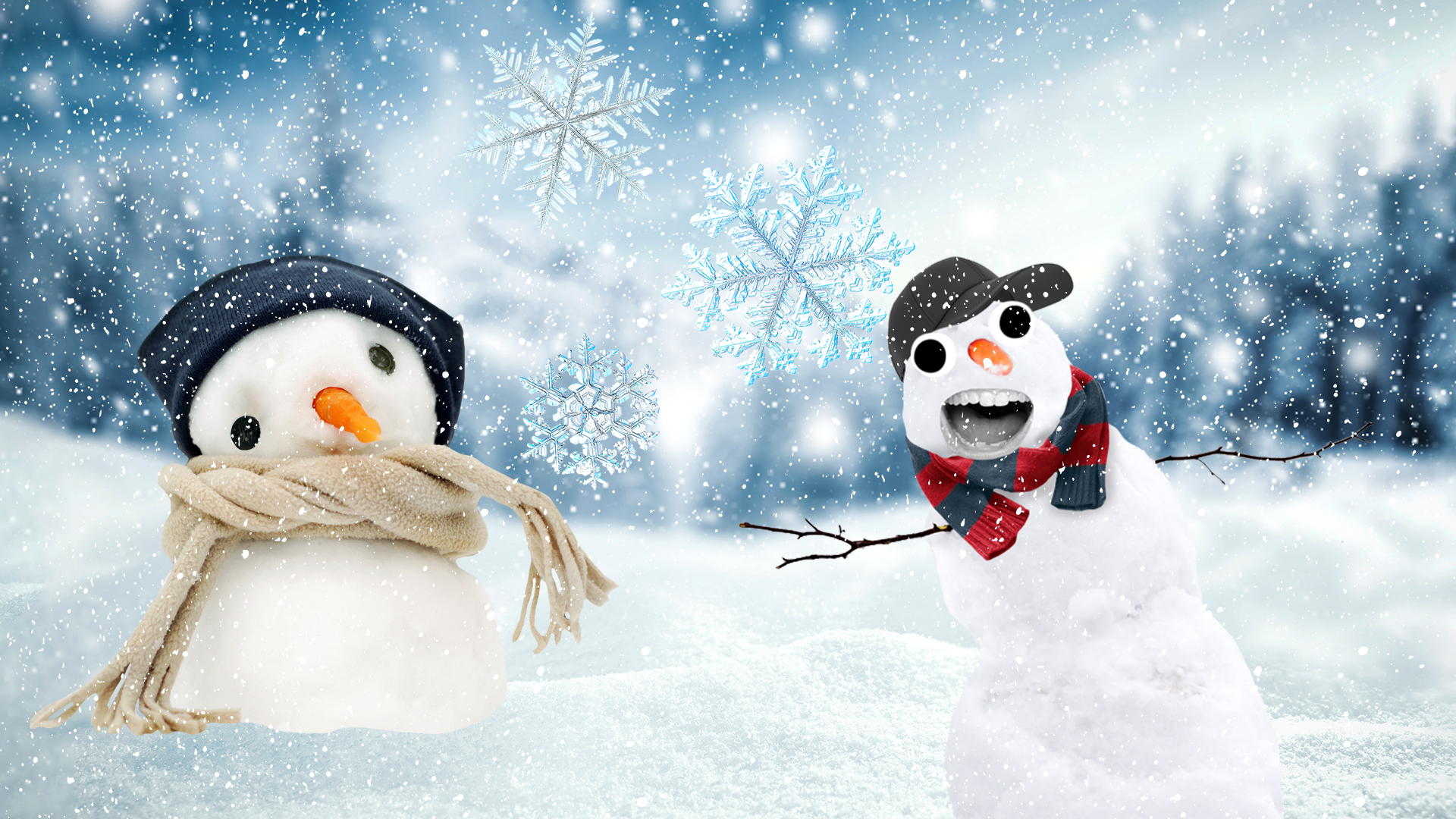 Beano snowmen in snowy scene 