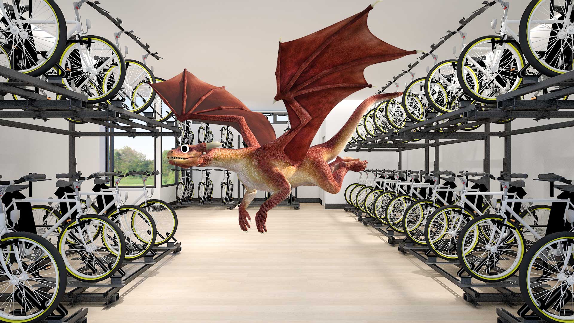 A dragon floating around a bike shop